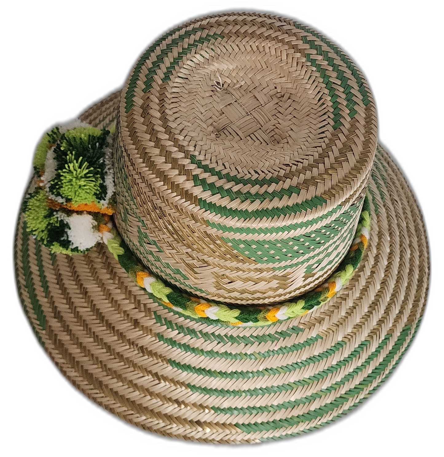 Bohemian chick hat with adjustable fit and bold green geometric design