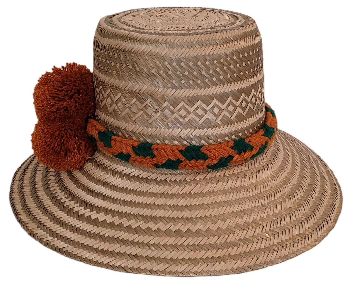 Boho-chick artisan straw hat with green and orange detailing and zigzag weave