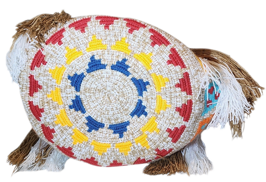 "Colorful Wuitusu Wayuu Waterfall Purse with cascading thread design, handcrafted by Wayuu artisans, showcasing vibrant patte
