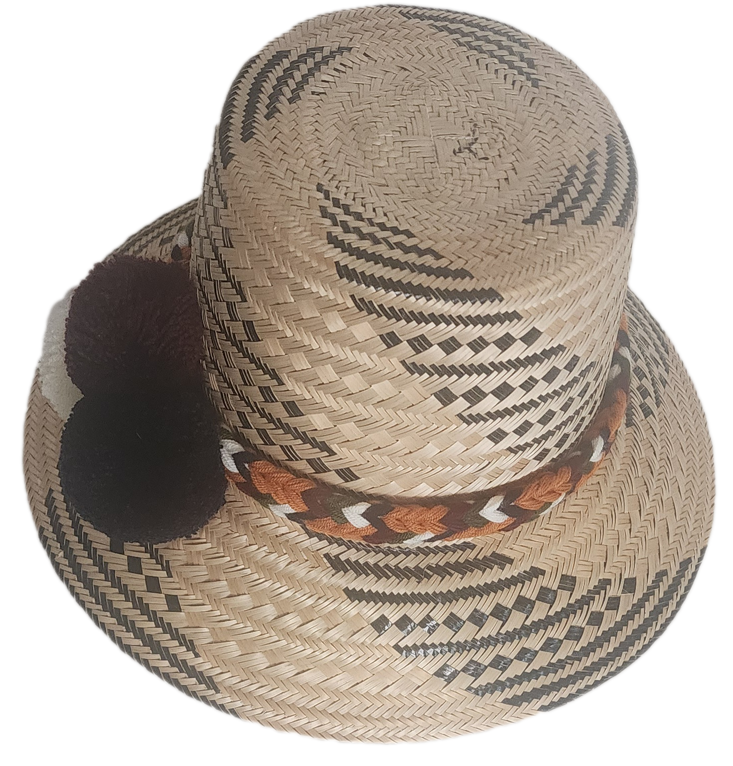 Elegant boho-chick straw hat with black and cream pom-poms