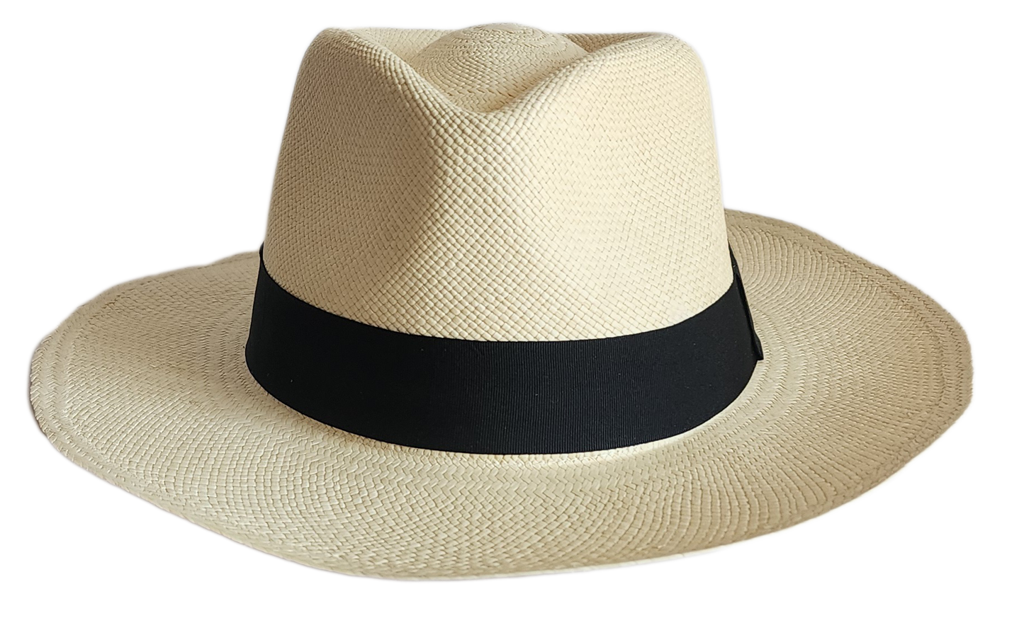 Handmade Panama hat crafted from fine toquilla straw with black band.