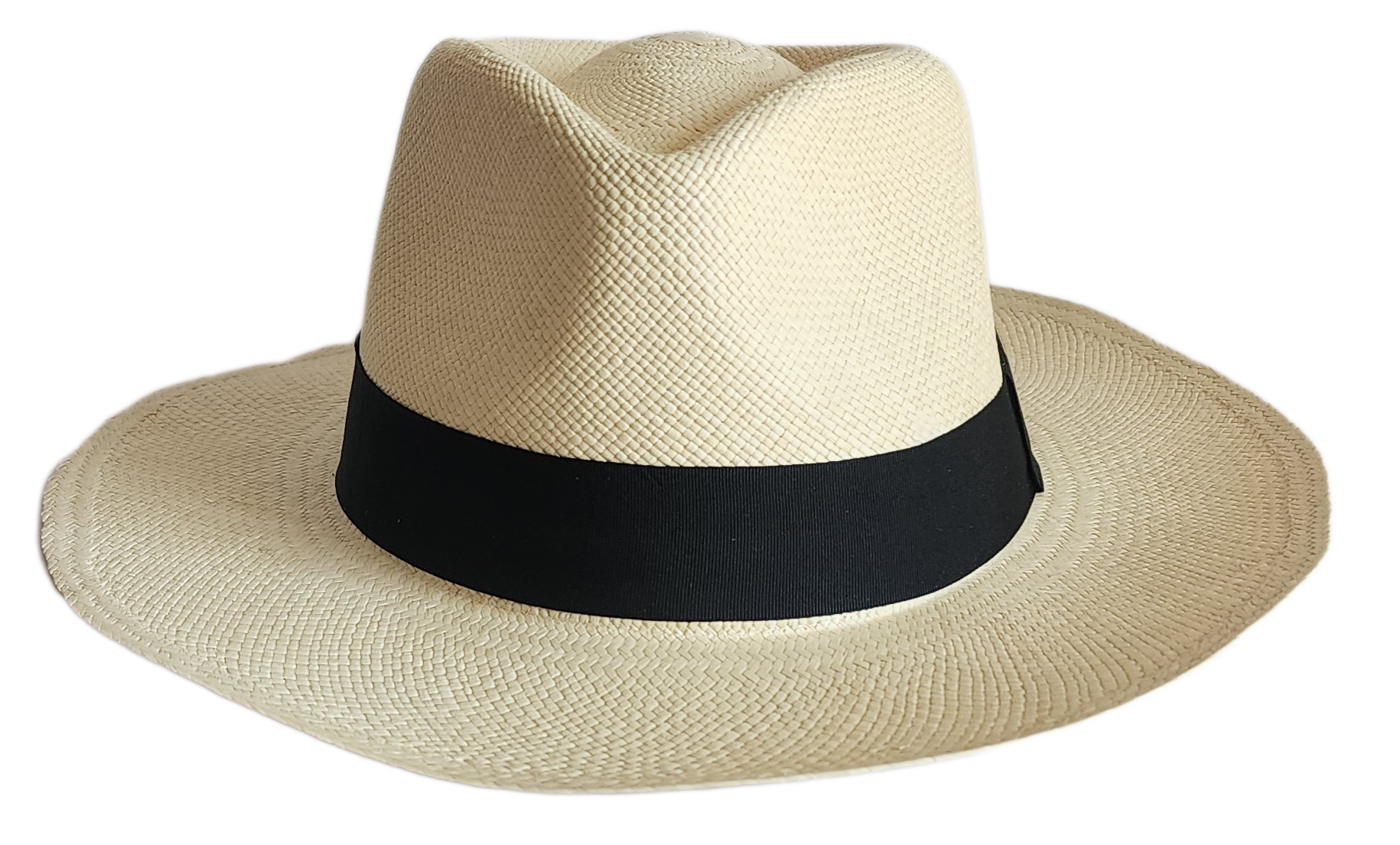 Handmade Panama hat crafted from fine toquilla straw with black band.
