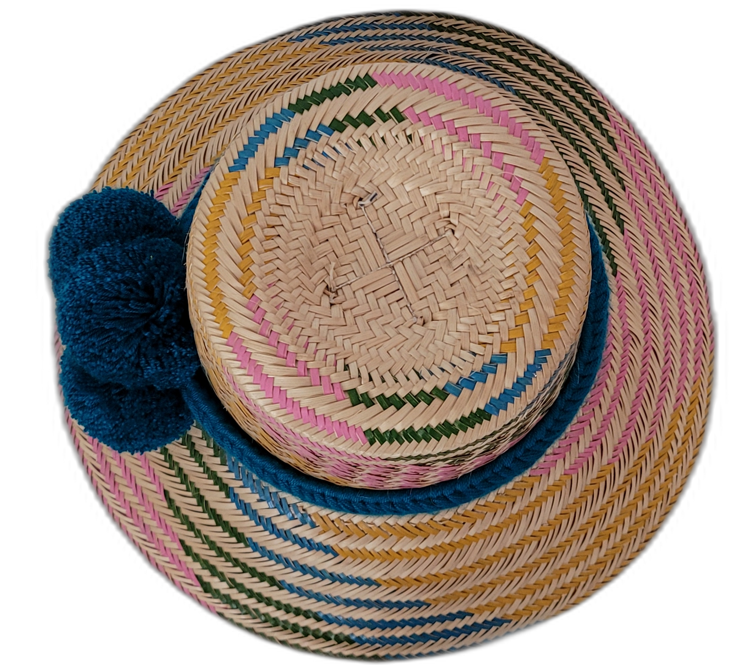 Handmade bohemian straw hat with a mix of pink, yellow, green, and blue designs