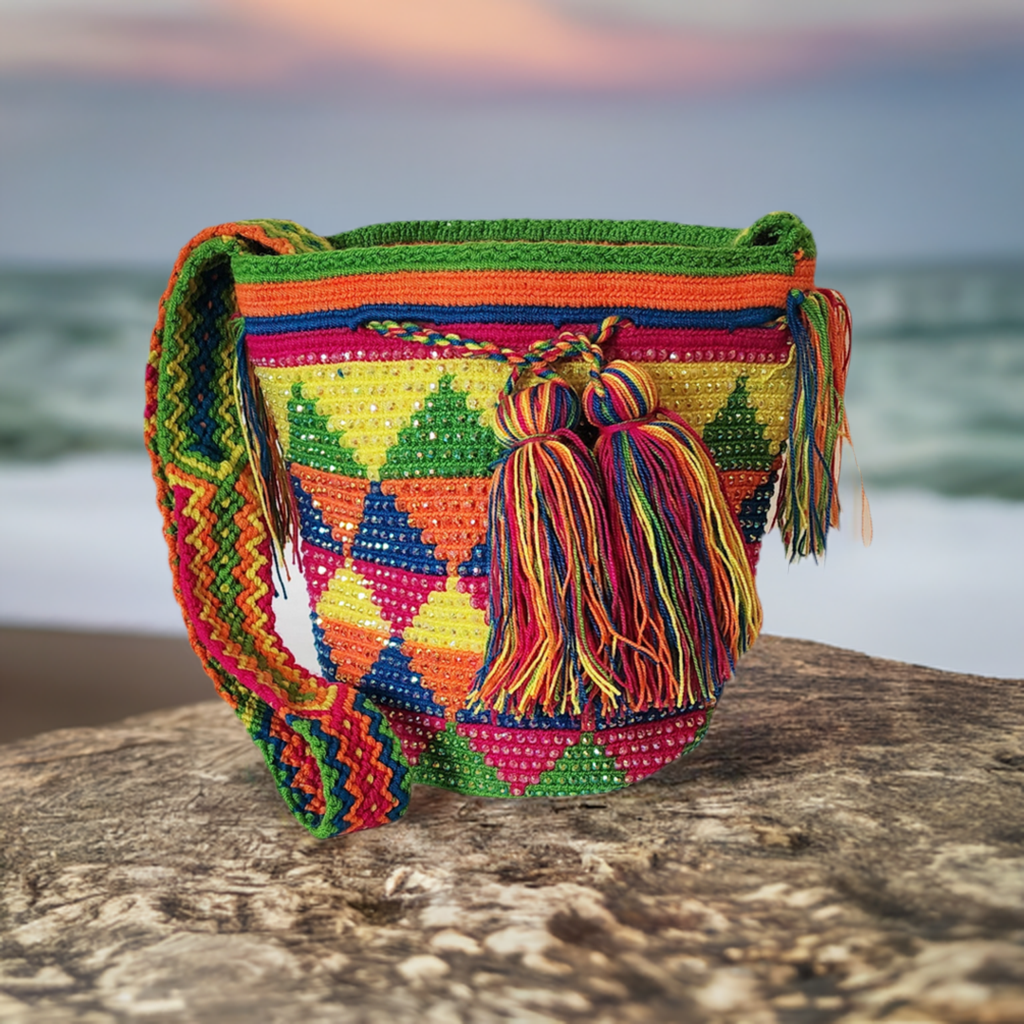 Jimena Medium Handmade Wayuu Mochila Bag With Crystals - Wuitusu