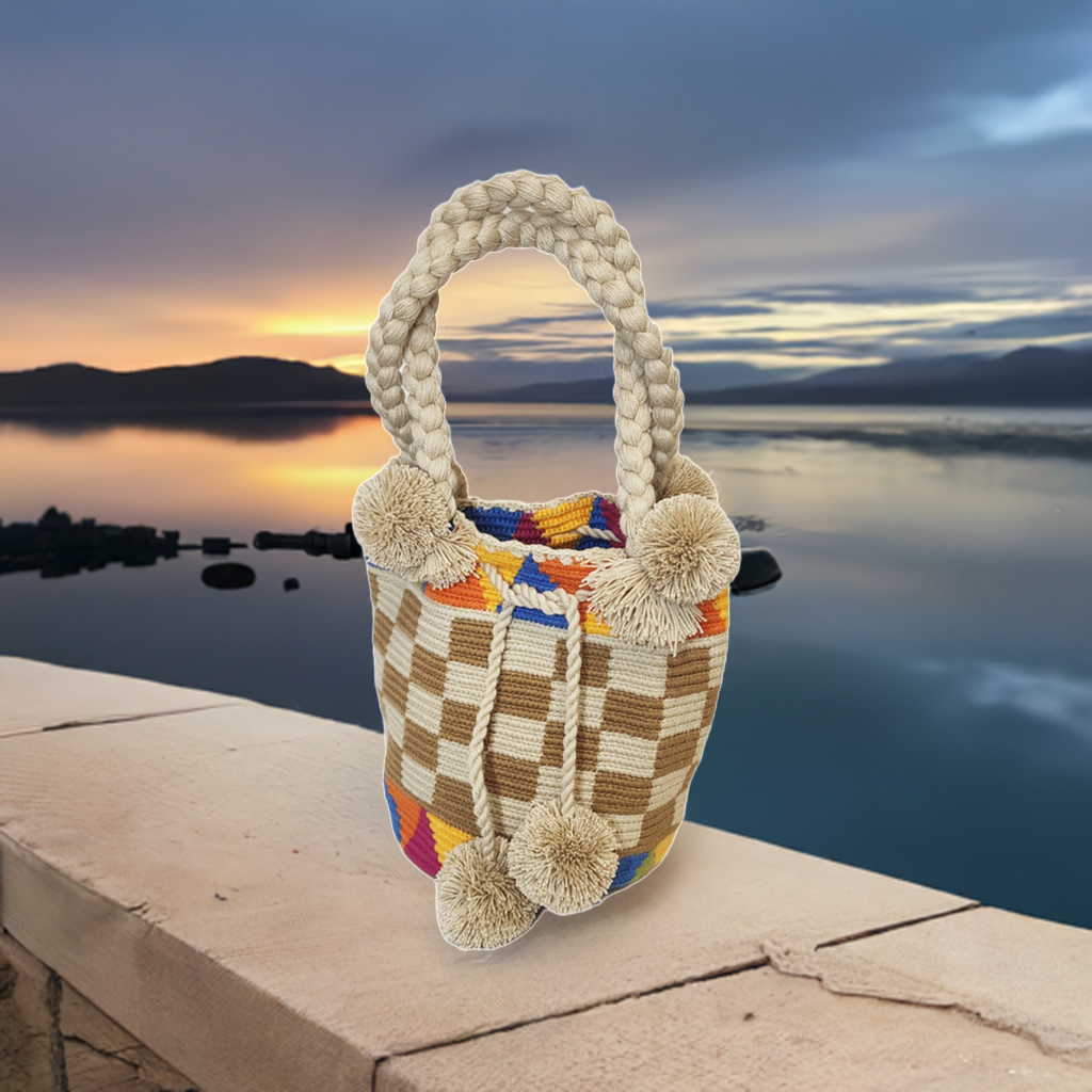 Addison Medium Short Handle Design PomPom Mochila - Wuitusu