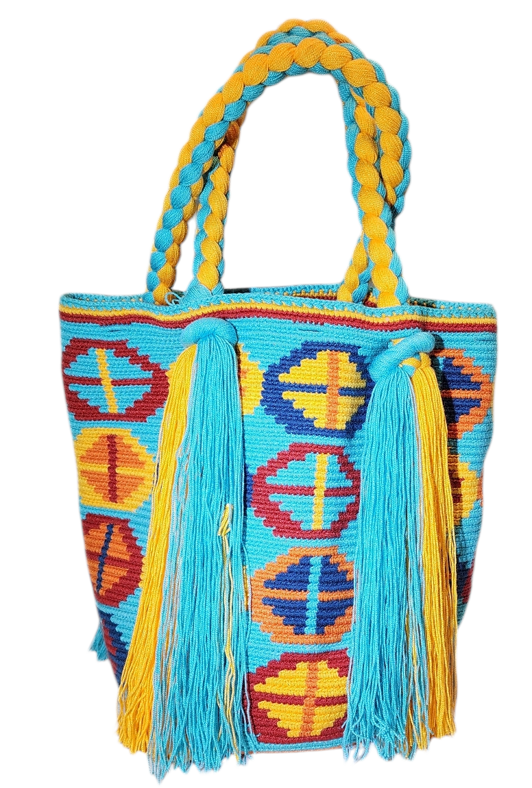 "Handcrafted Wuitusu Wayuu Waterfall Purse with vibrant, cascading design and intricate Wayuu patterns, showcasing cultural a