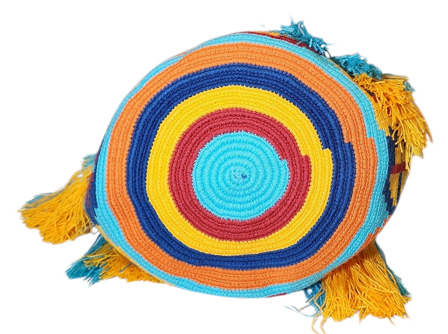 "Handcrafted Wuitusu Wayuu Waterfall Purse with vibrant, cascading design and intricate Wayuu patterns, showcasing cultural a