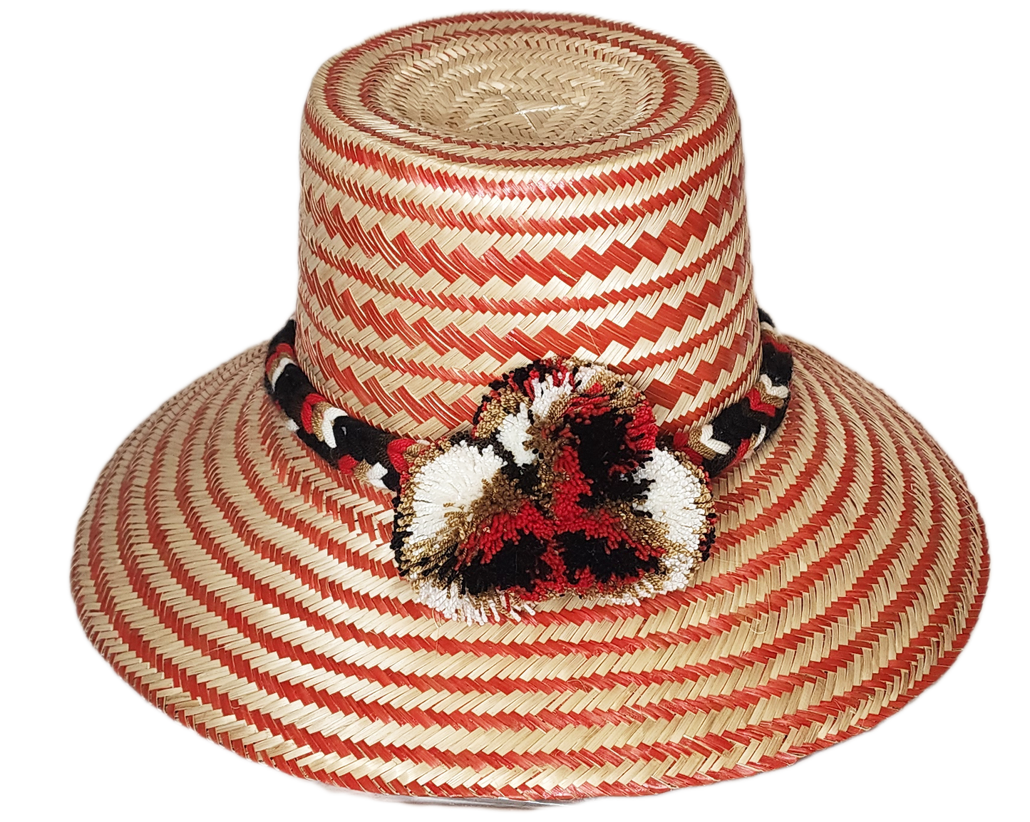 "Handmade Artisan Wayuu Hat from Iraca palm fibers, featuring colorful designs and cultural pompoms, adjustable for sun prote