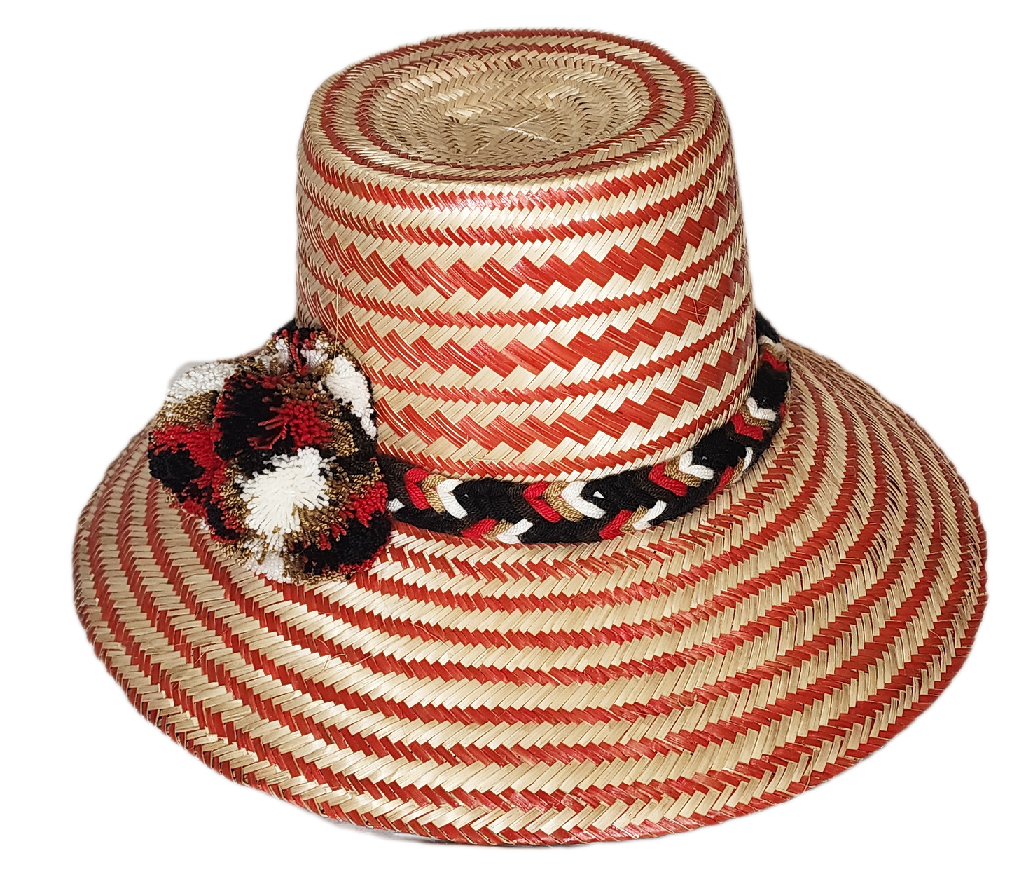 "Handmade Artisan Wayuu Hat from Iraca palm fibers, featuring colorful designs and cultural pompoms, adjustable for sun prote