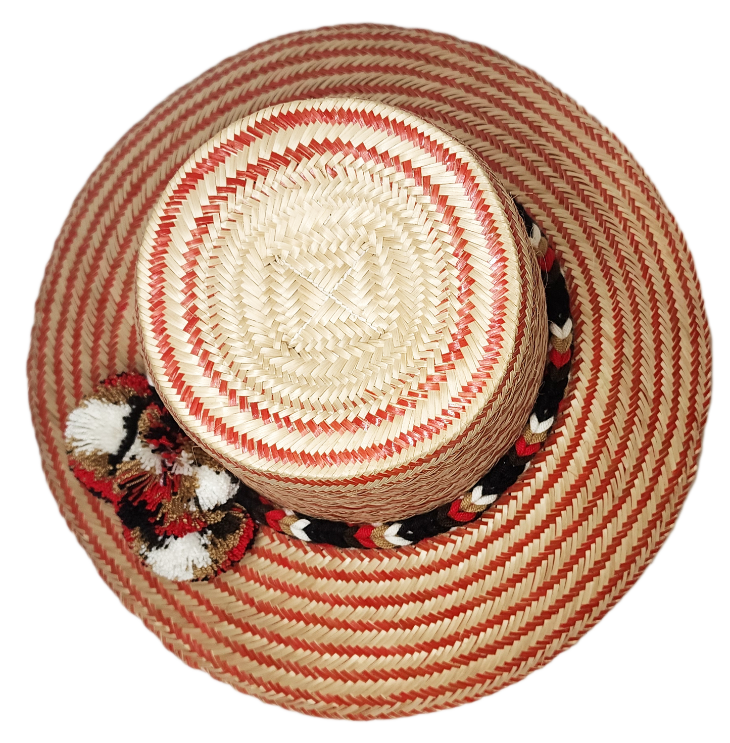"Handmade Artisan Wayuu Hat from Iraca palm fibers, featuring colorful designs and cultural pompoms, adjustable for sun prote