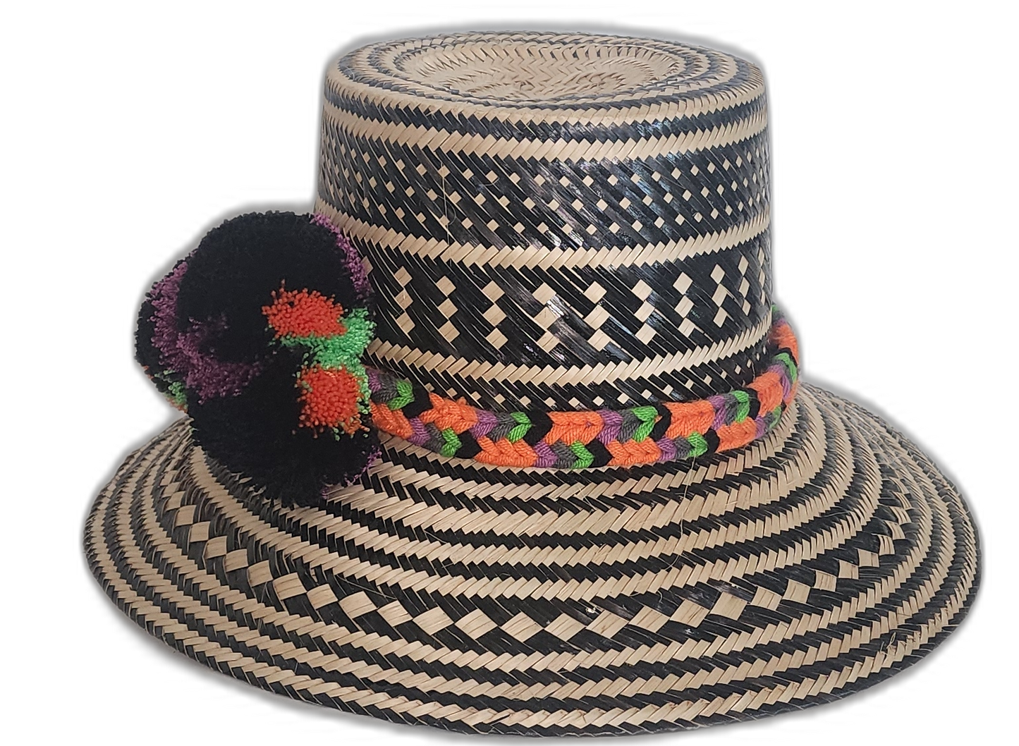 Handmade Wayuu Hat featuring black diagonal patterns and a multicolor band