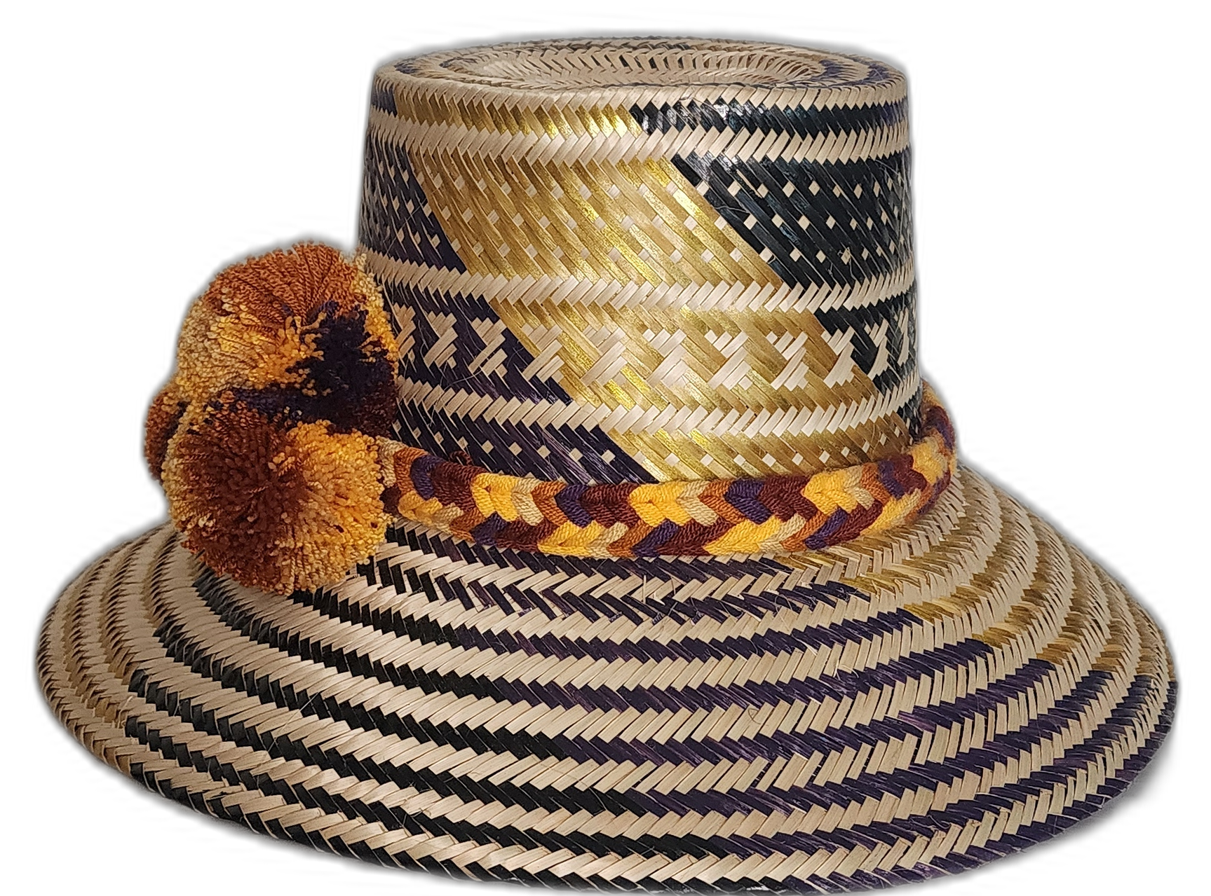 Bohemian straw hat with mustard and dark purple pompom cluster