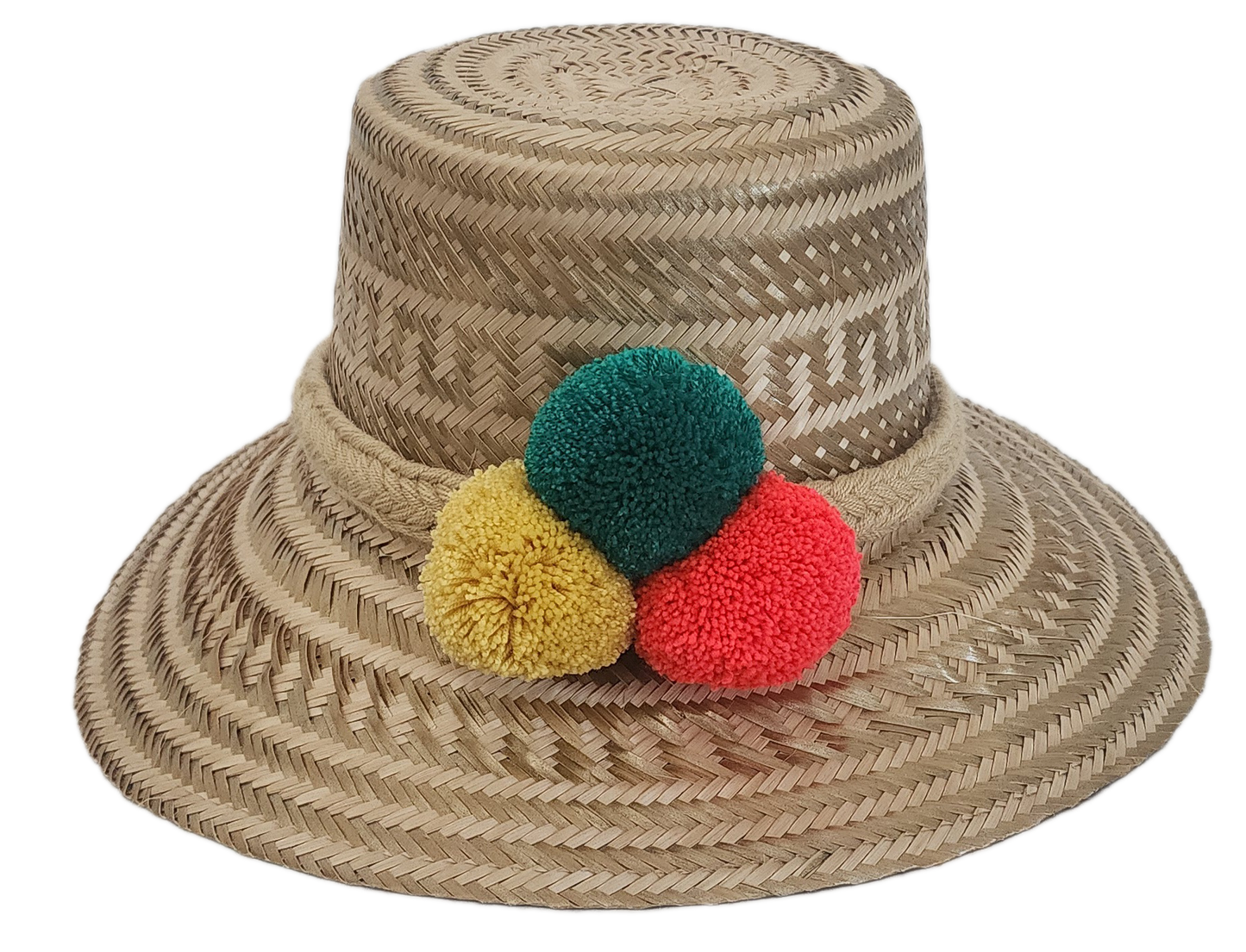 This handmade Wayuu hat brings color to sunny days with bold pom-poms and a natural braided band. Lightweight and perfect for bohemian summer looks.