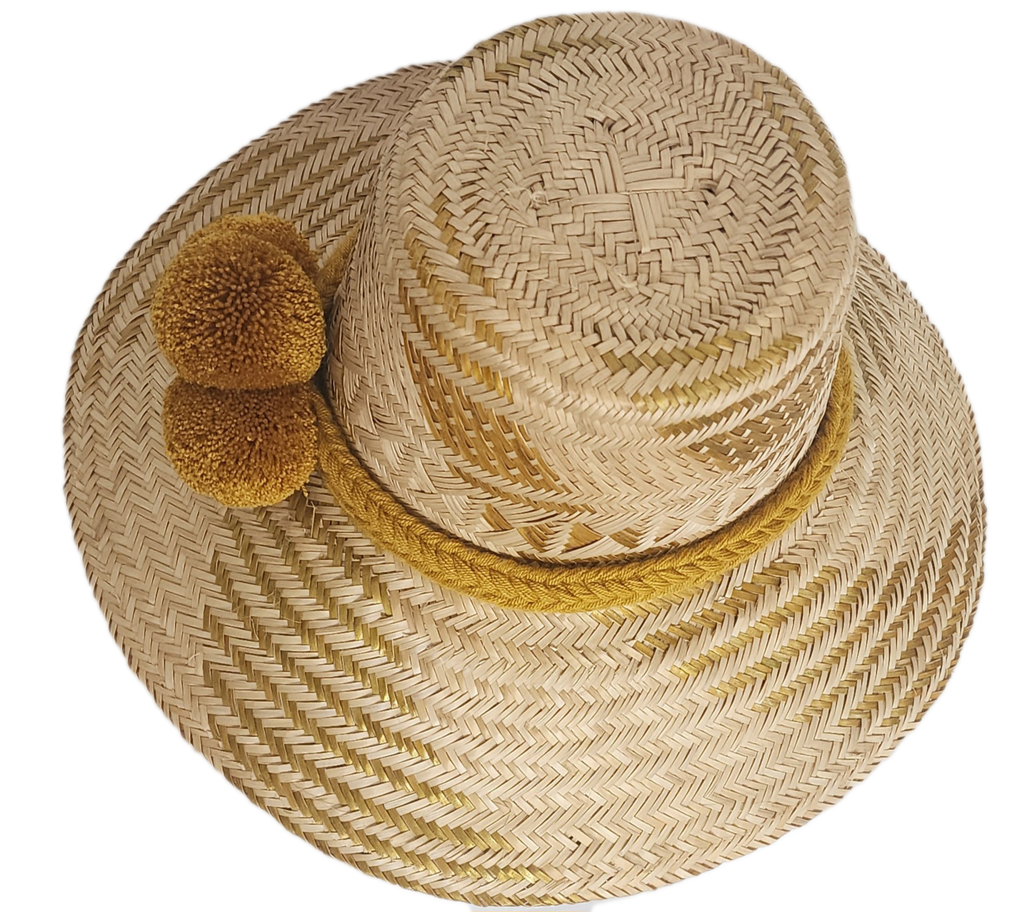 Handwoven Wayuu straw hat featuring a wide brim and mustard yellow pom-pom band. This bohemian, artisan-crafted hat blends traditional Wayuu design with a modern boho-chic style — perfect for sunny days, festivals, or beachwear.