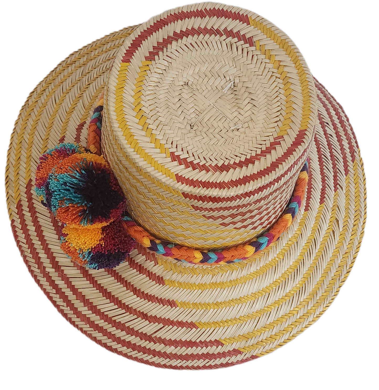 Boho Wayuu sun hat with bold chevron pattern and rainbow-hued pom-poms — handmade and eye-catching.