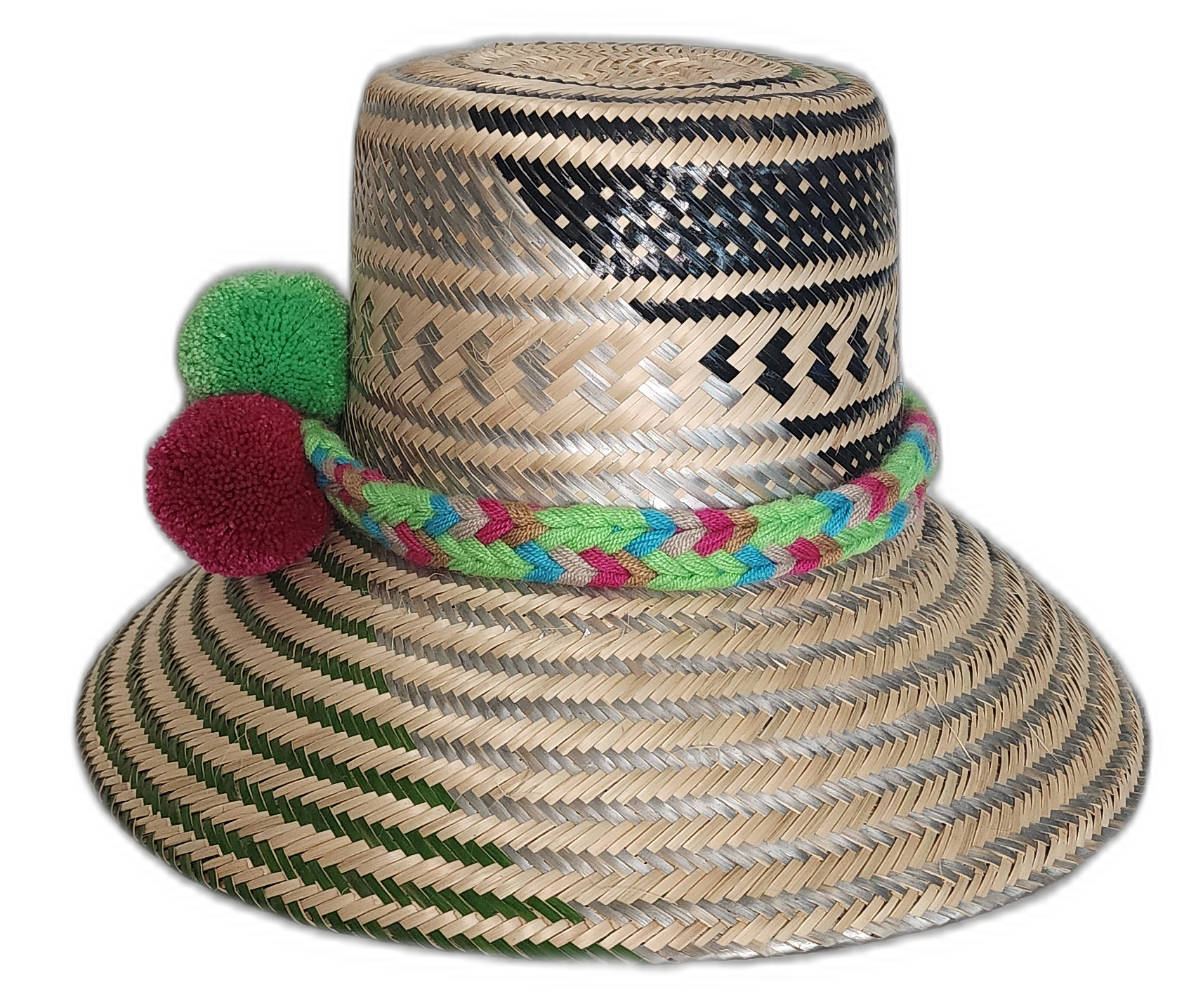 Bohemian straw hat crafted with Iraca palm, featuring colorful band and pompoms