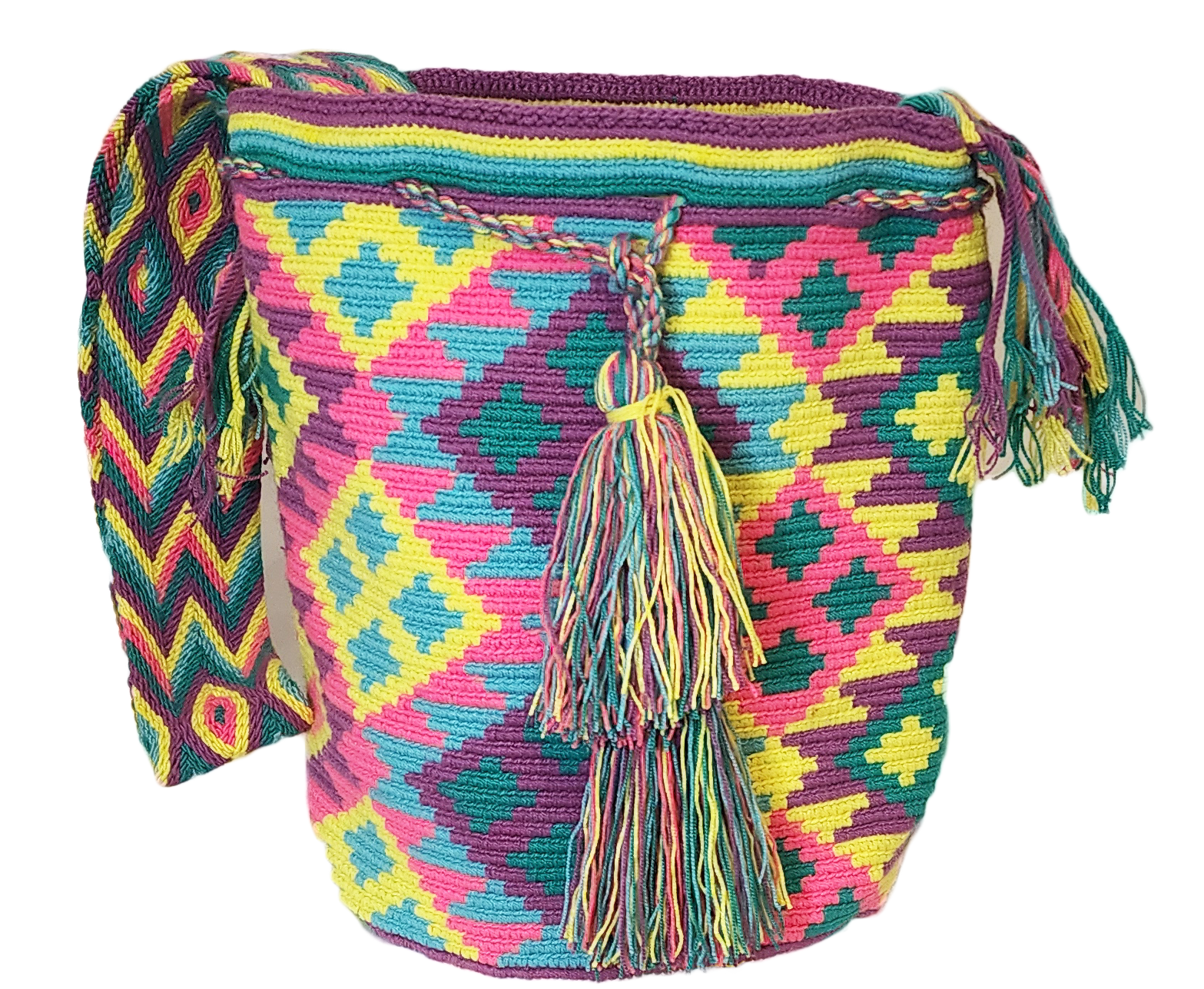 Large colorful crochet handbag by Wayuu artisans, showcasing multicolor diamond patterns and long shoulder strap for boho style versatility.