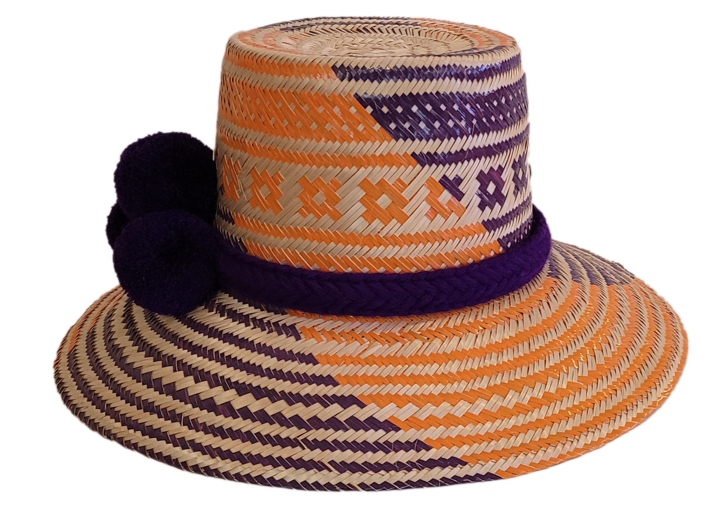 Colorful Wayuu hat with geometric patterns, perfect as a Boho chick straw hat.