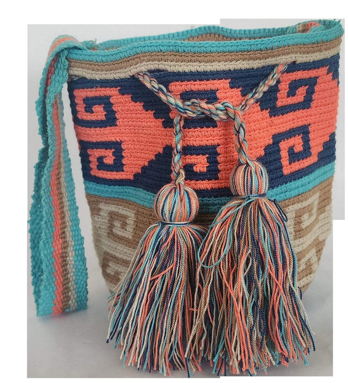 Colorful boho chick crochet bag with geometric Wayuu patterns