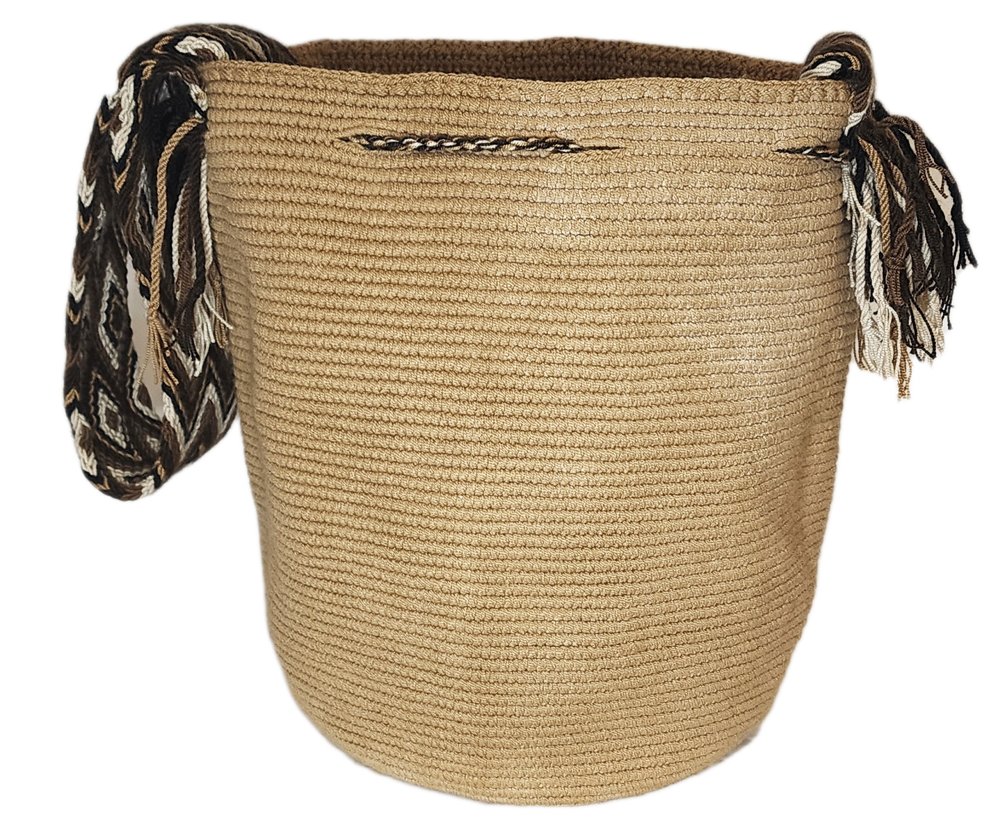 Camel-colored handmade Wayuu crossbody bag with dual tassels and a soft earth-toned braided strap. A stylish, ethical accessory.