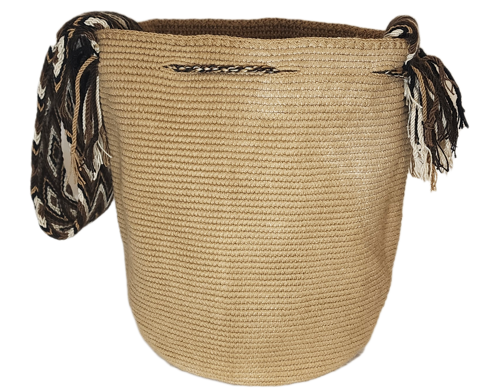 Bottom view Camel-colored handmade Wayuu crossbody bag with dual tassels and a soft earth-toned braided strap. A stylish, ethical accessory.