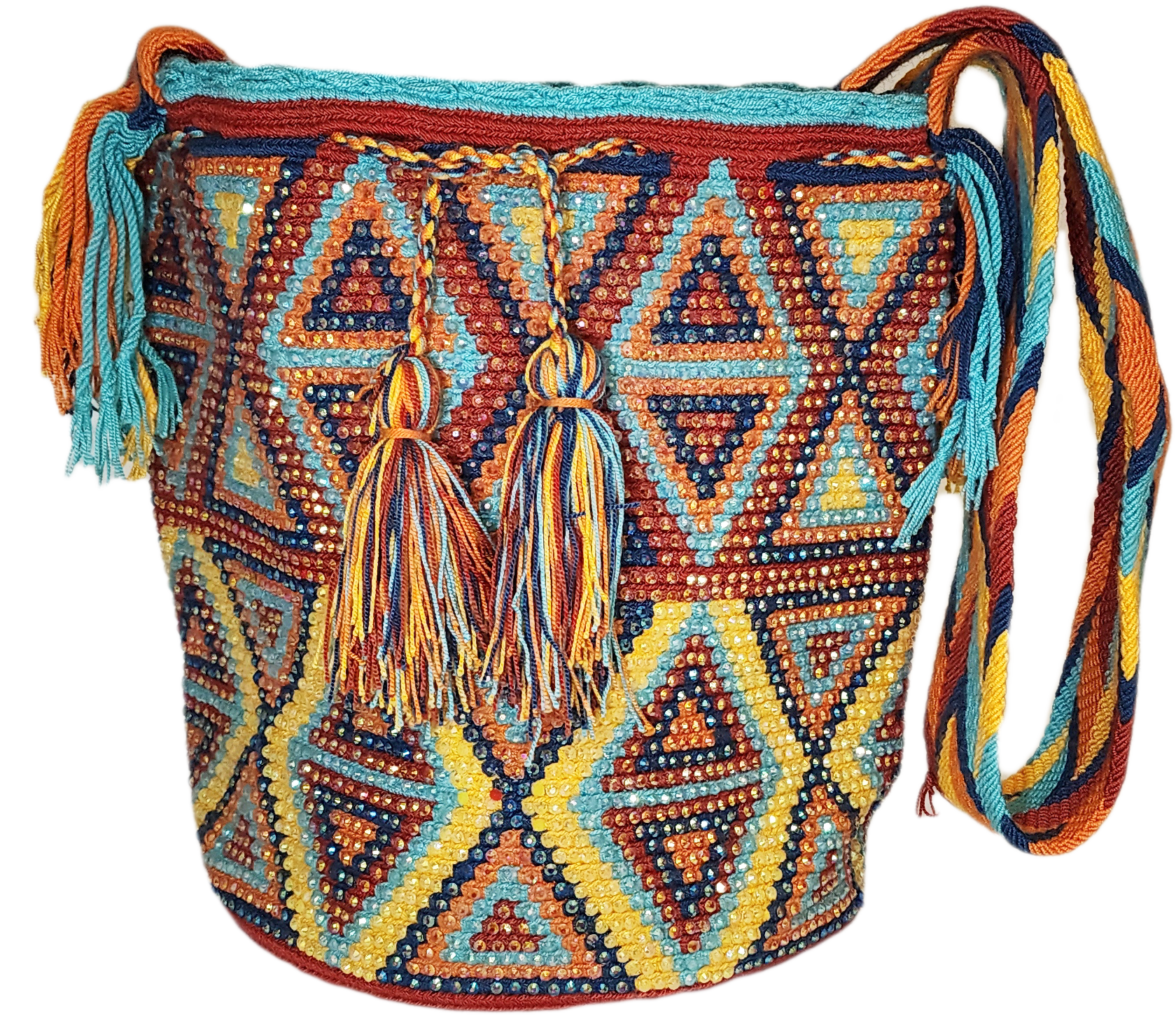 Boho chick crochet bag in sunset colors with crystal-studded geometric design.