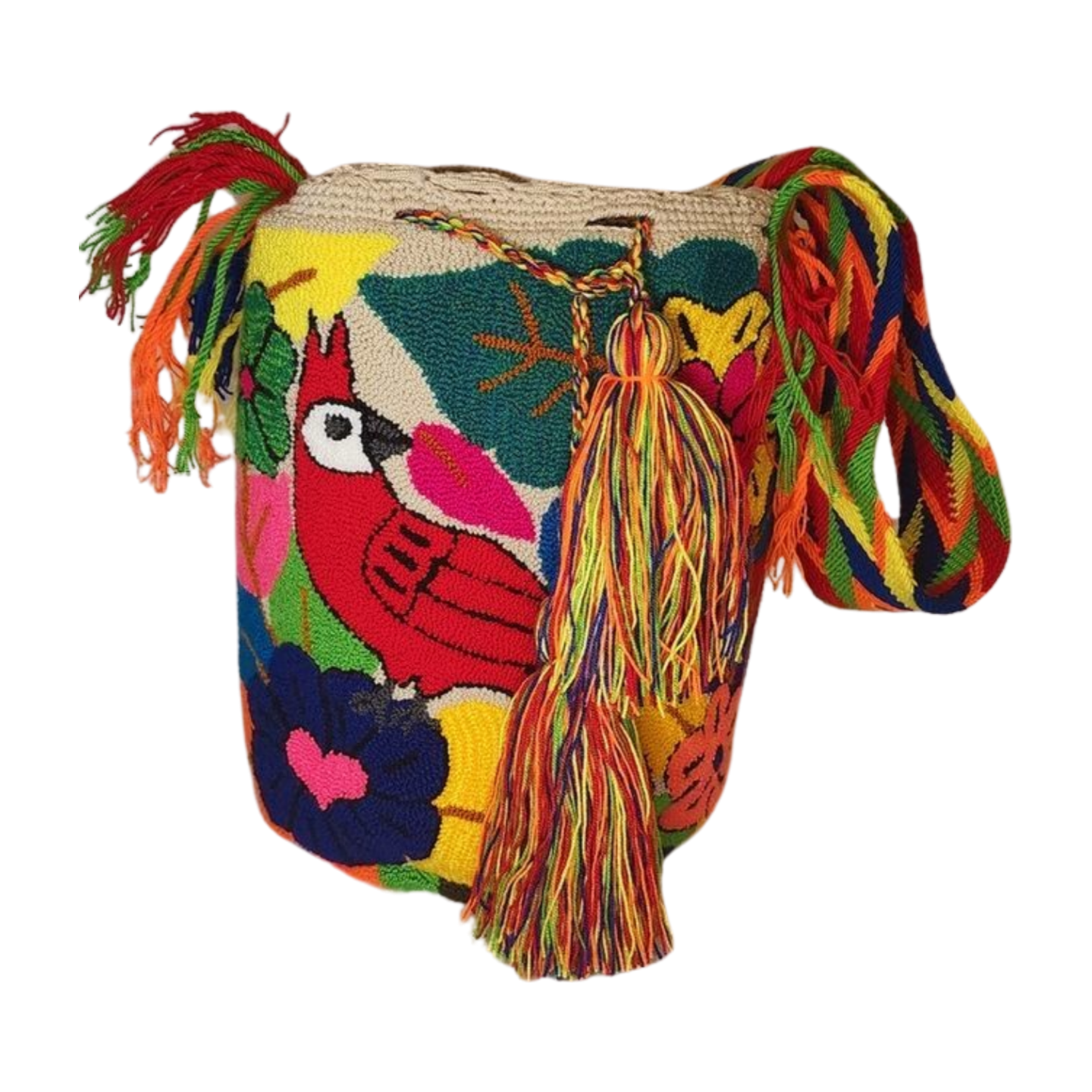 Boho-chick colorful Wayuu bucket bag featuring a bird design