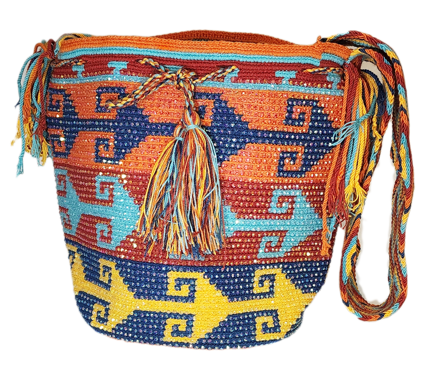 Boho chick crochet bag with multicolor tribal-inspired woven patterns.