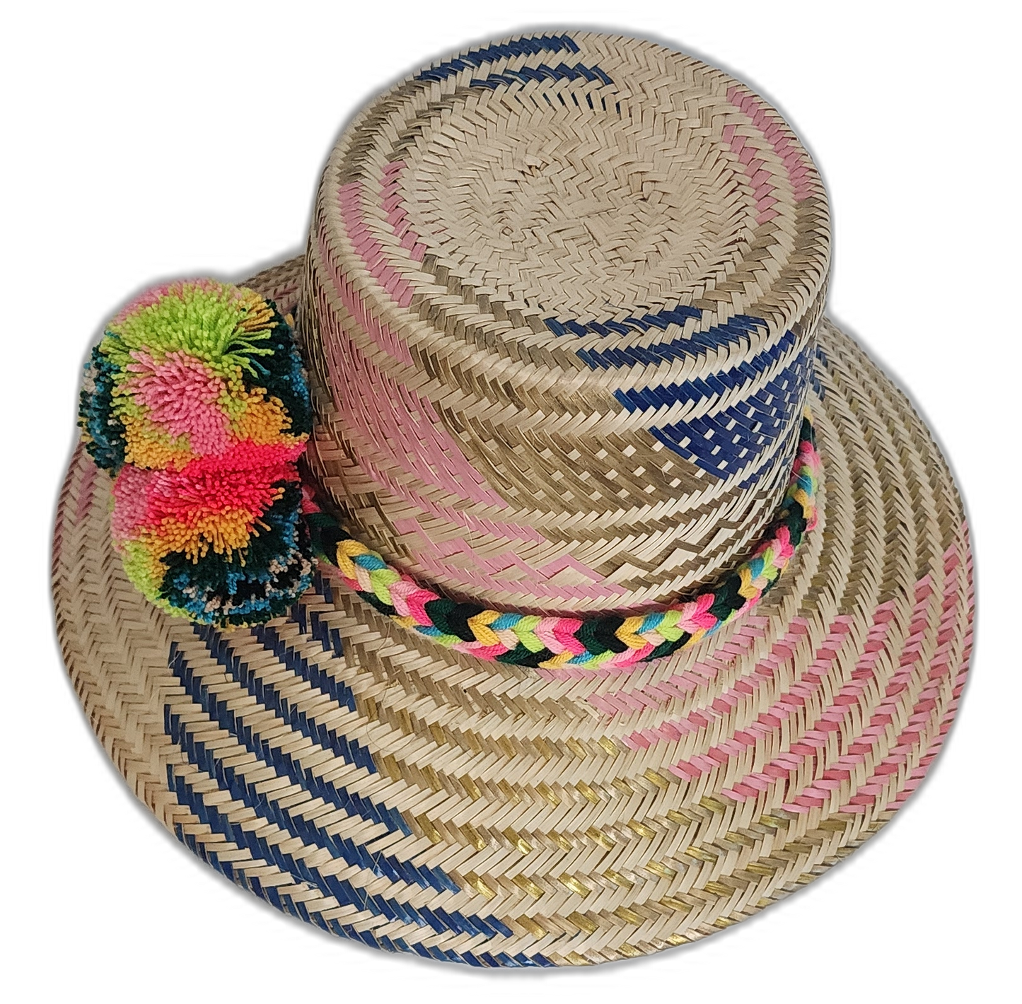 Stylish handmade straw hat with vibrant pink and blue accents and bright pompoms.