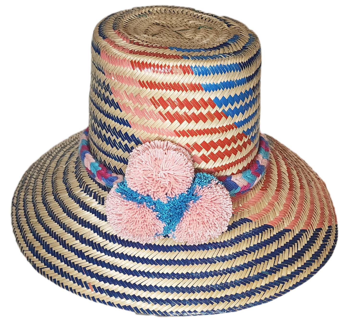"Handmade colorful Wayuu hat from Iraca palm fiber with vibrant pompoms, showcasing Colombian-Venezuelan artisan craftsmanshi