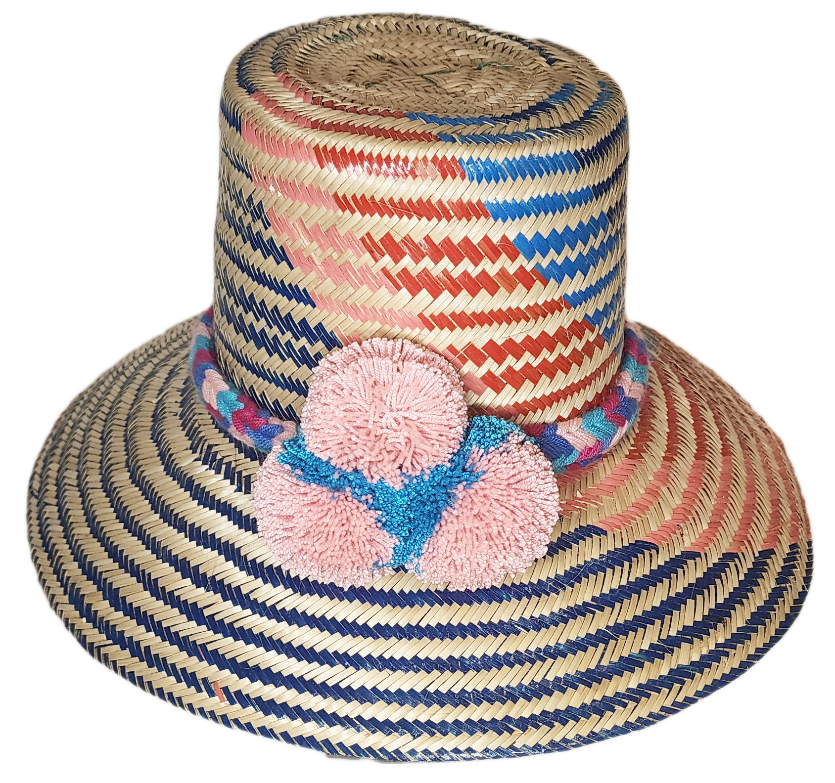 "Handmade colorful Wayuu hat from Iraca palm fiber with vibrant pompoms, showcasing Colombian-Venezuelan artisan craftsmanshi