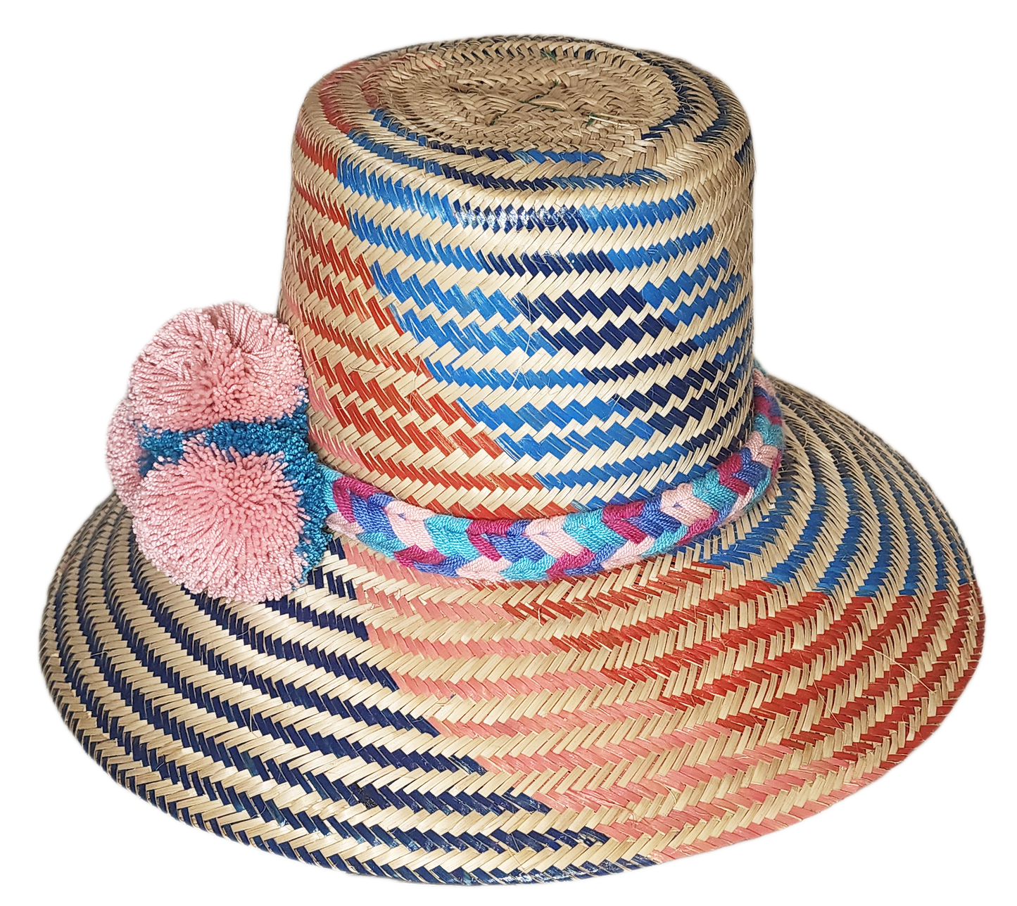 "Handmade colorful Wayuu hat from Iraca palm fiber with vibrant pompoms, showcasing Colombian-Venezuelan artisan craftsmanshi