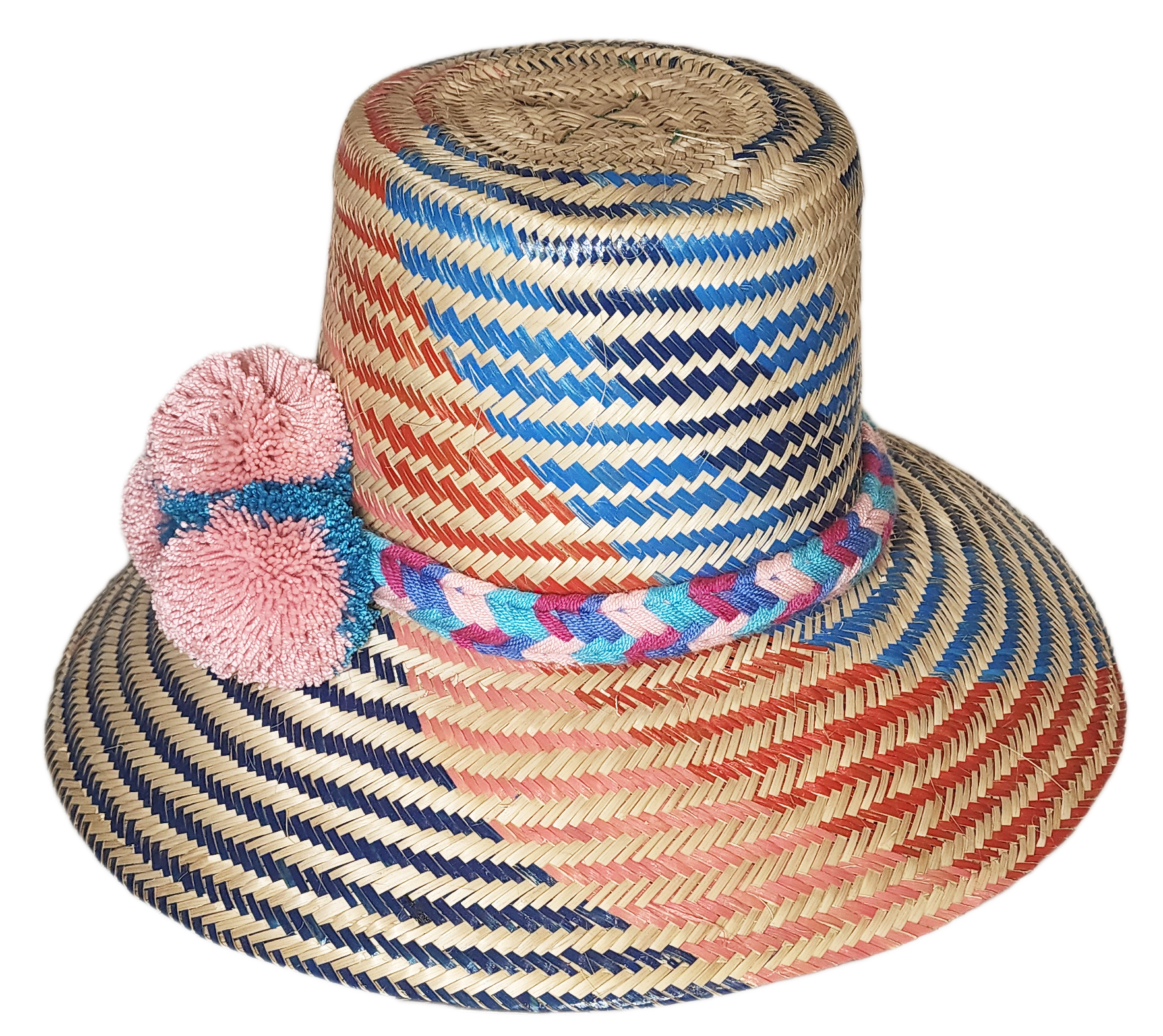 "Handmade colorful Wayuu hat from Iraca palm fiber with vibrant pompoms, showcasing Colombian-Venezuelan artisan craftsmanshi