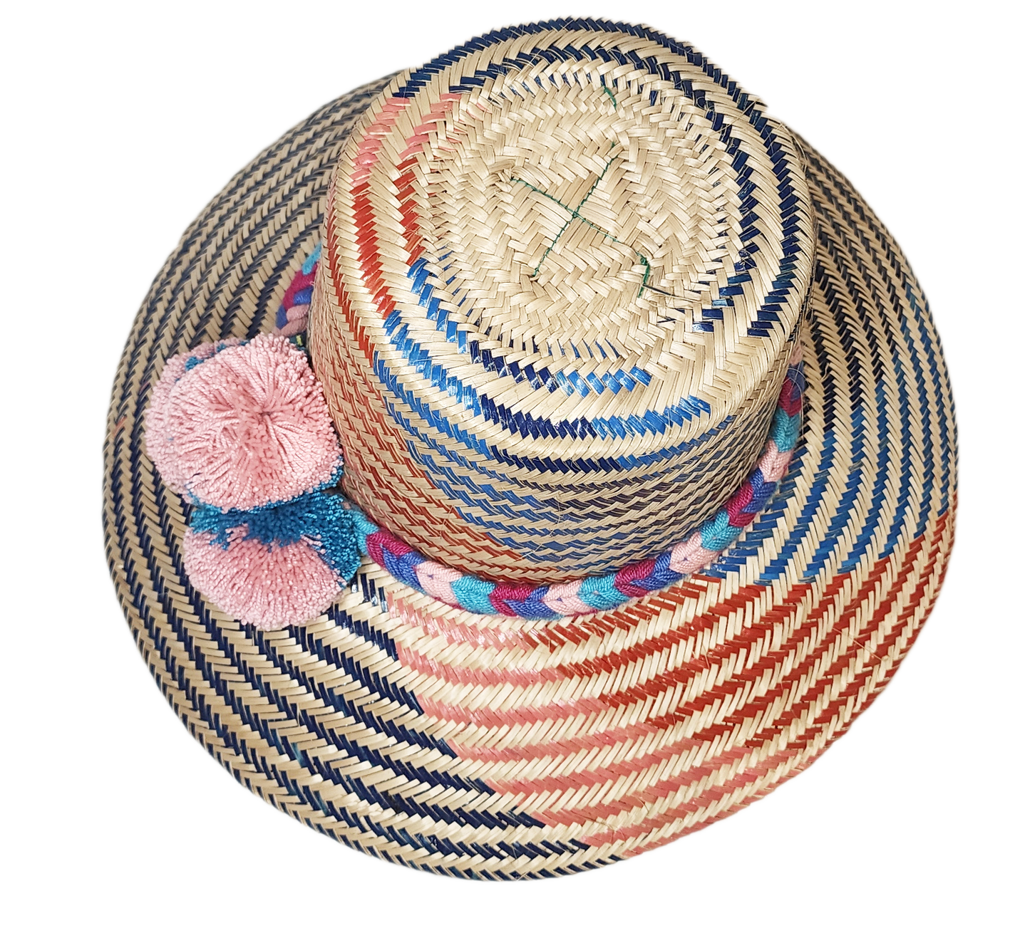 "Handmade colorful Wayuu hat from Iraca palm fiber with vibrant pompoms, showcasing Colombian-Venezuelan artisan craftsmanshi