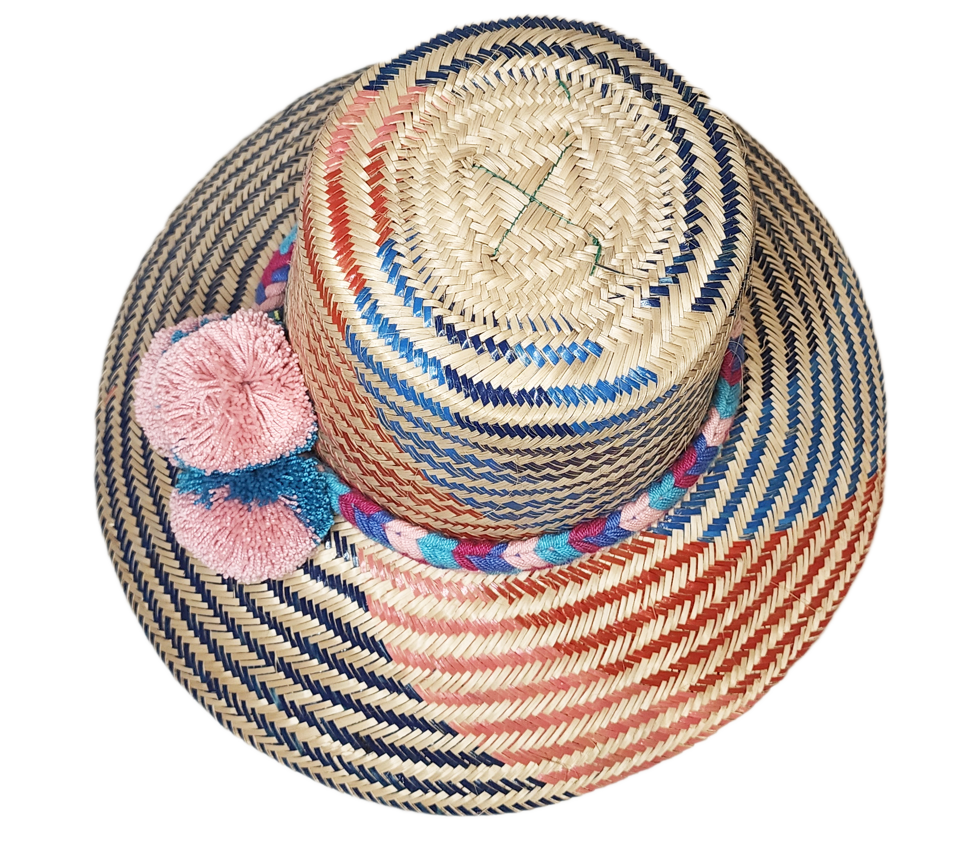 "Handmade colorful Wayuu hat from Iraca palm fiber with vibrant pompoms, showcasing Colombian-Venezuelan artisan craftsmanshi