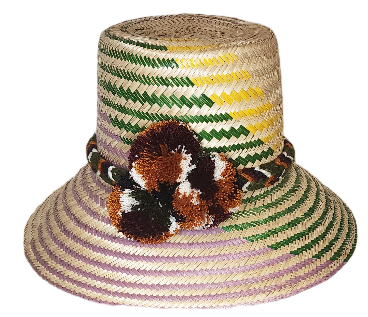 "Handmade colorful Wayuu hat from Wuitusu, adorned with vibrant pompoms, woven from Iraca palm fibers, symbolizing prosperity