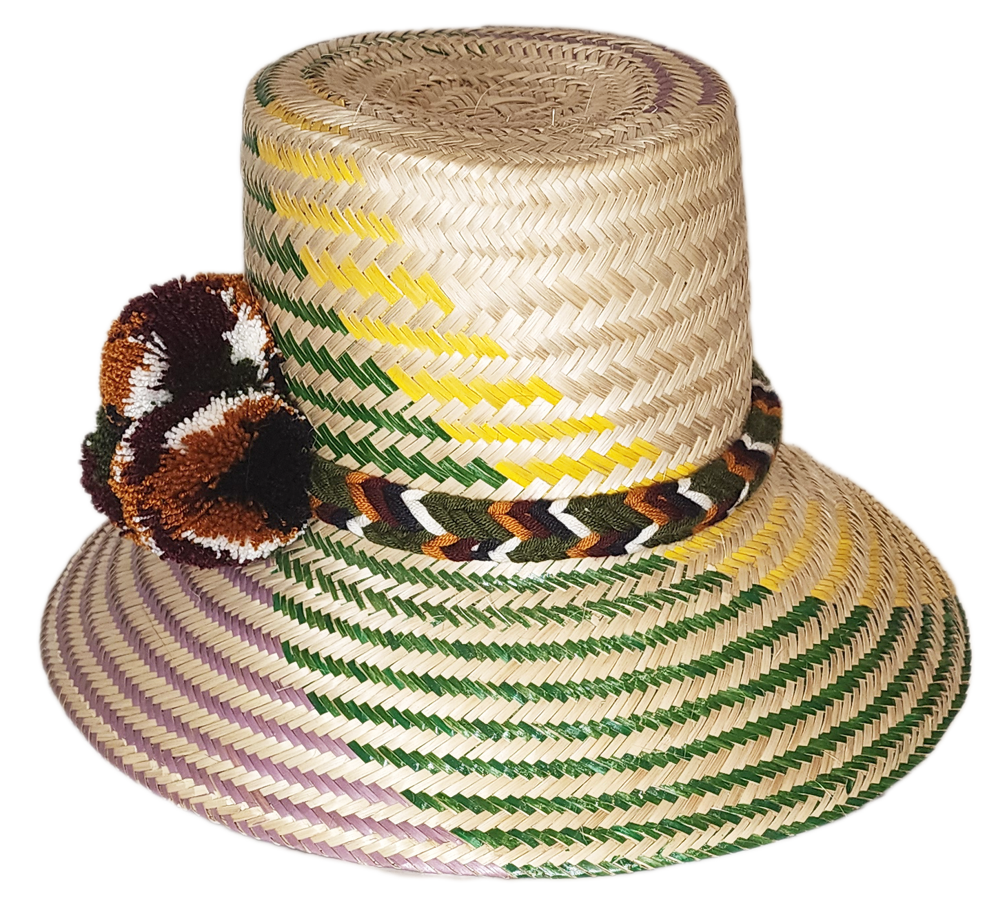 "Handmade colorful Wayuu hat from Wuitusu, adorned with vibrant pompoms, woven from Iraca palm fibers, symbolizing prosperity