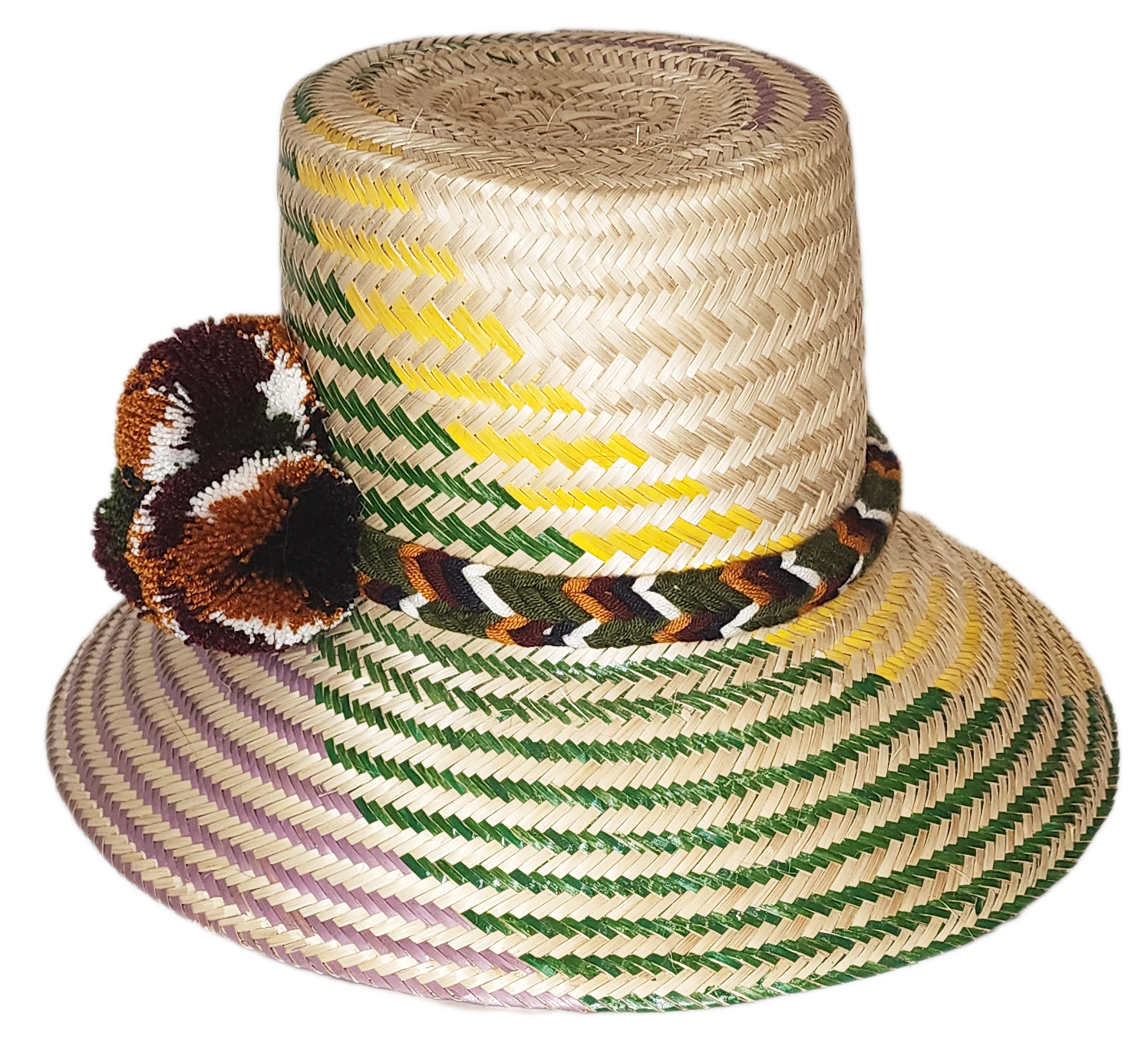 "Handmade colorful Wayuu hat from Wuitusu, adorned with vibrant pompoms, woven from Iraca palm fibers, symbolizing prosperity