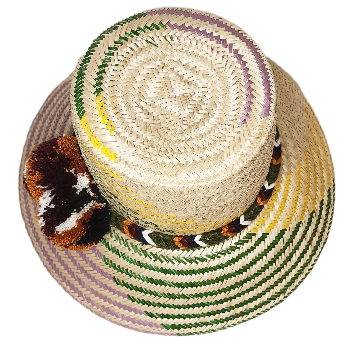 "Handmade colorful Wayuu hat from Wuitusu, adorned with vibrant pompoms, woven from Iraca palm fibers, symbolizing prosperity