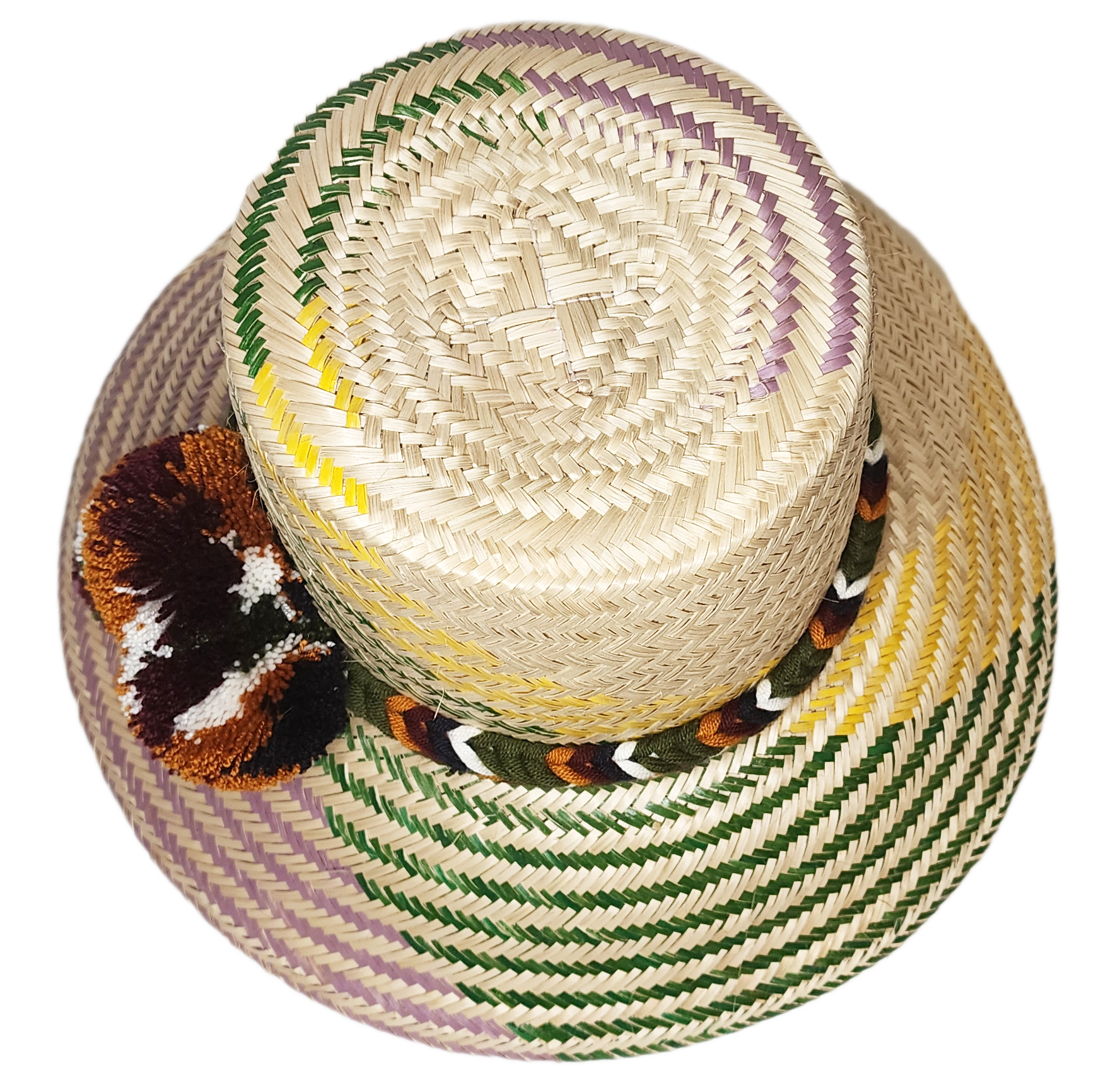"Handmade colorful Wayuu hat from Wuitusu, adorned with vibrant pompoms, woven from Iraca palm fibers, symbolizing prosperity