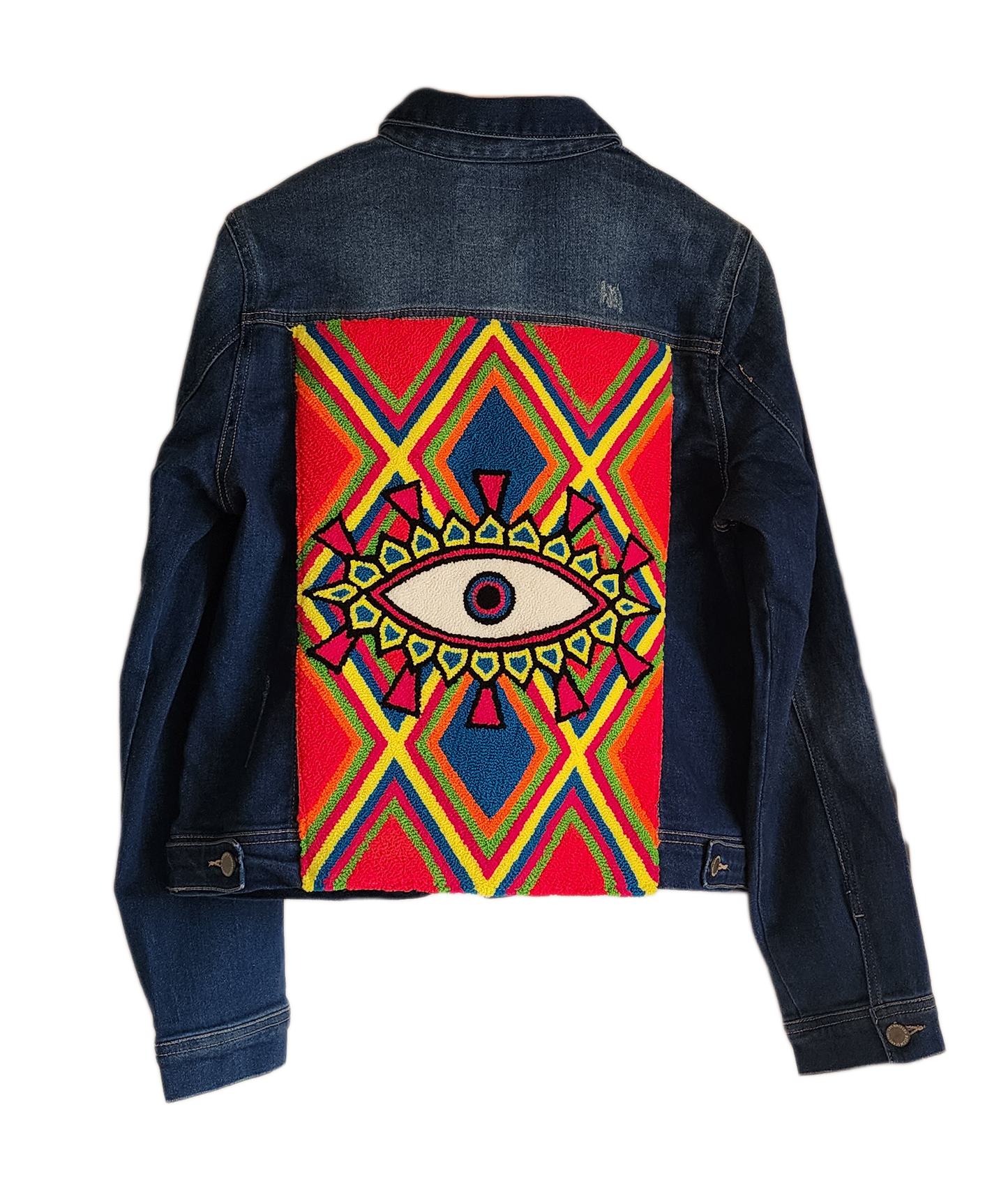 "Handmade denim jacket with vibrant punch needle embroidery on the back, showcasing unique artisan craftsmanship."