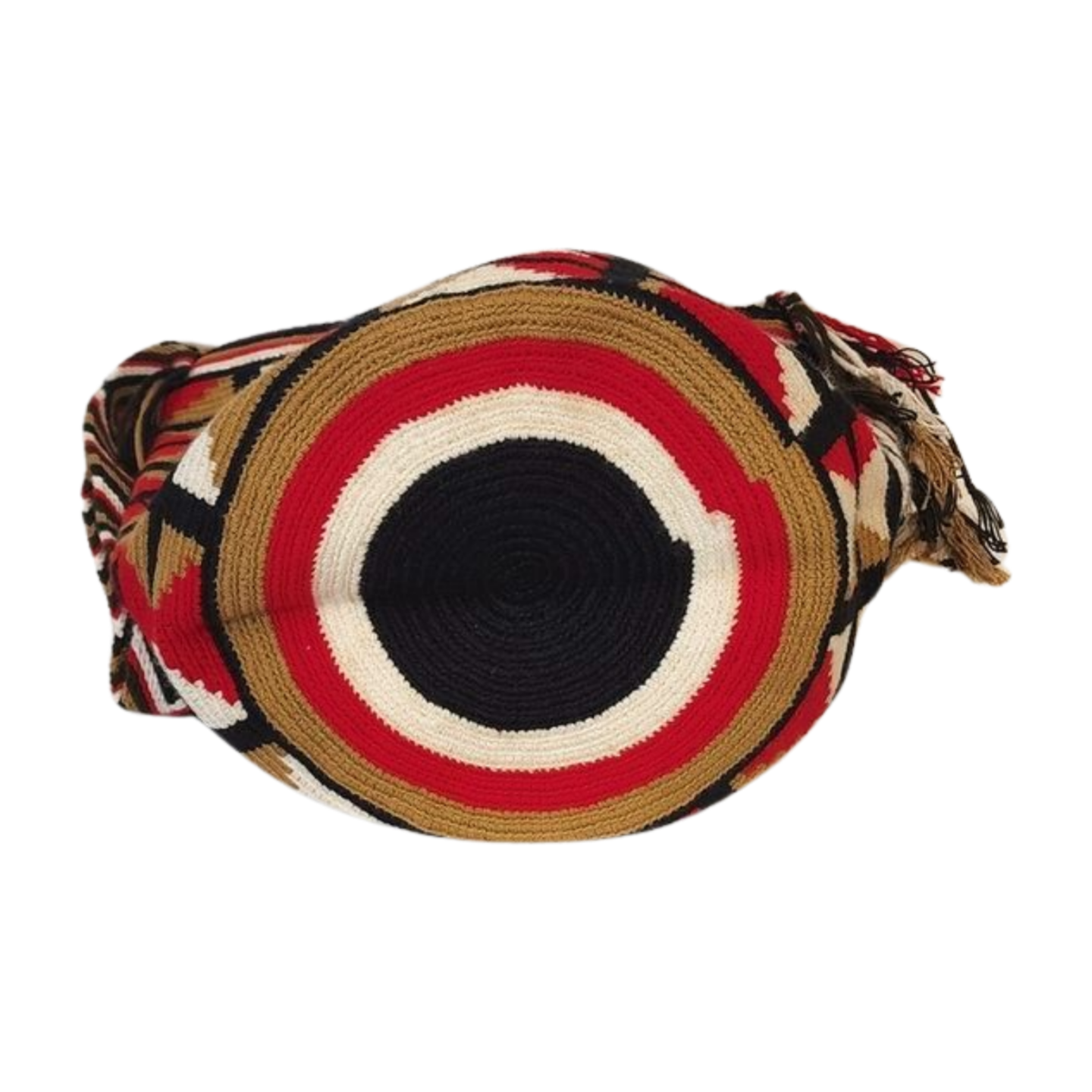 Bohemian handmade Wayuu crochet mochila bag with striking red, black, and beige shapes