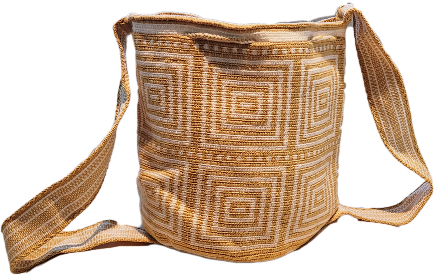 "Handmade Paleteada Wayuu crochet bag with colorful geometric patterns, crafted by Wuitusu artisans using vegan materials."