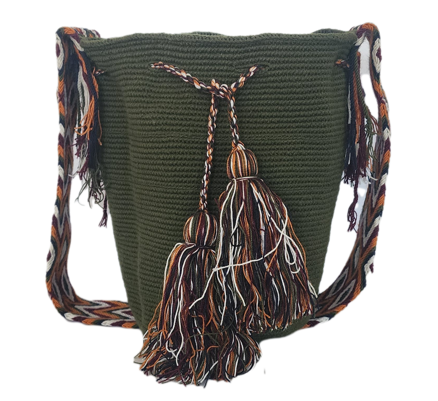 Bohemian Wayuu shoulder bag in dark green with colorful braided strap and long artisan tassels — handmade for everyday Boho flair.