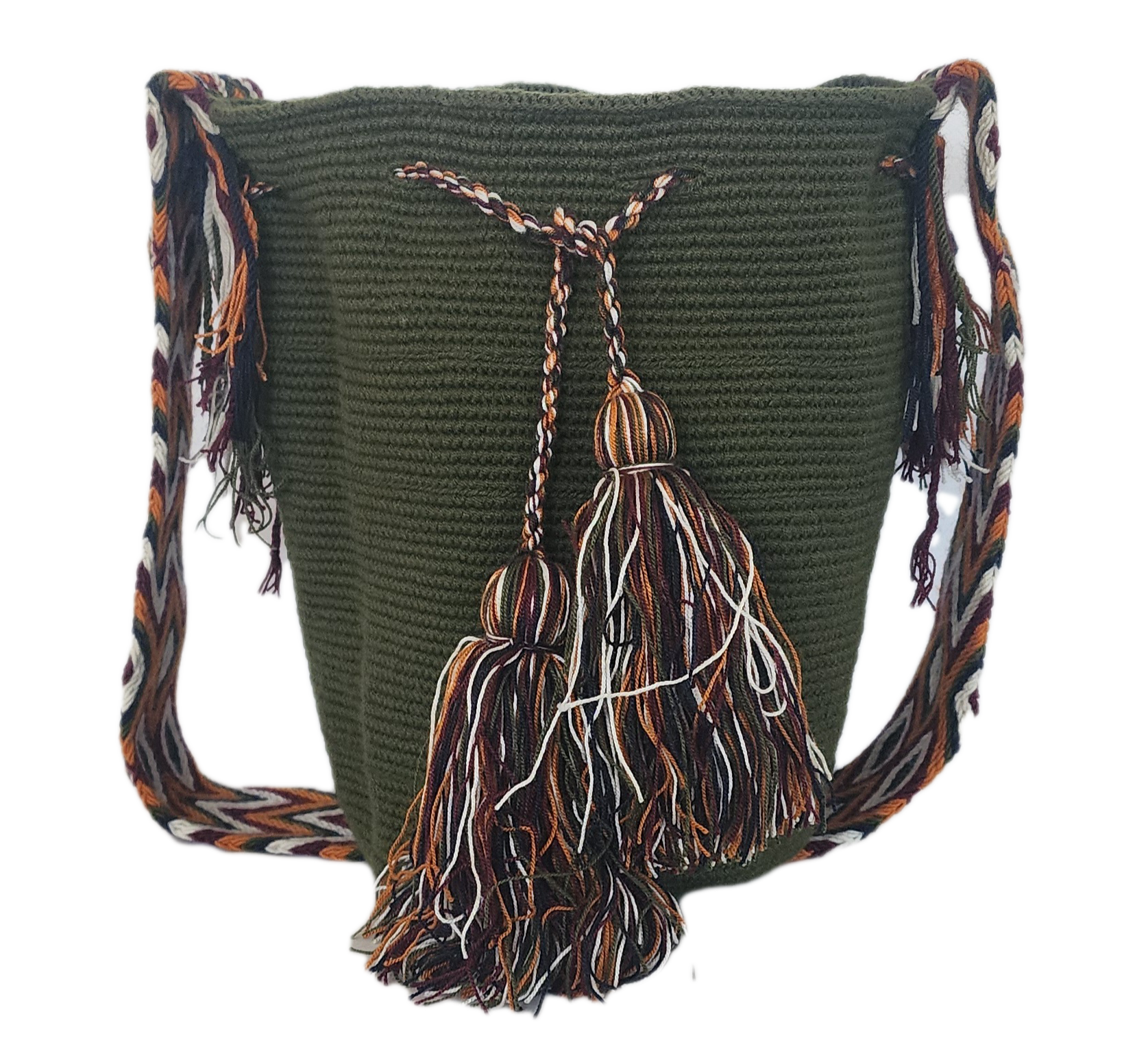 Bohemian Wayuu shoulder bag in dark green with colorful braided strap and long artisan tassels — handmade for everyday Boho flair.