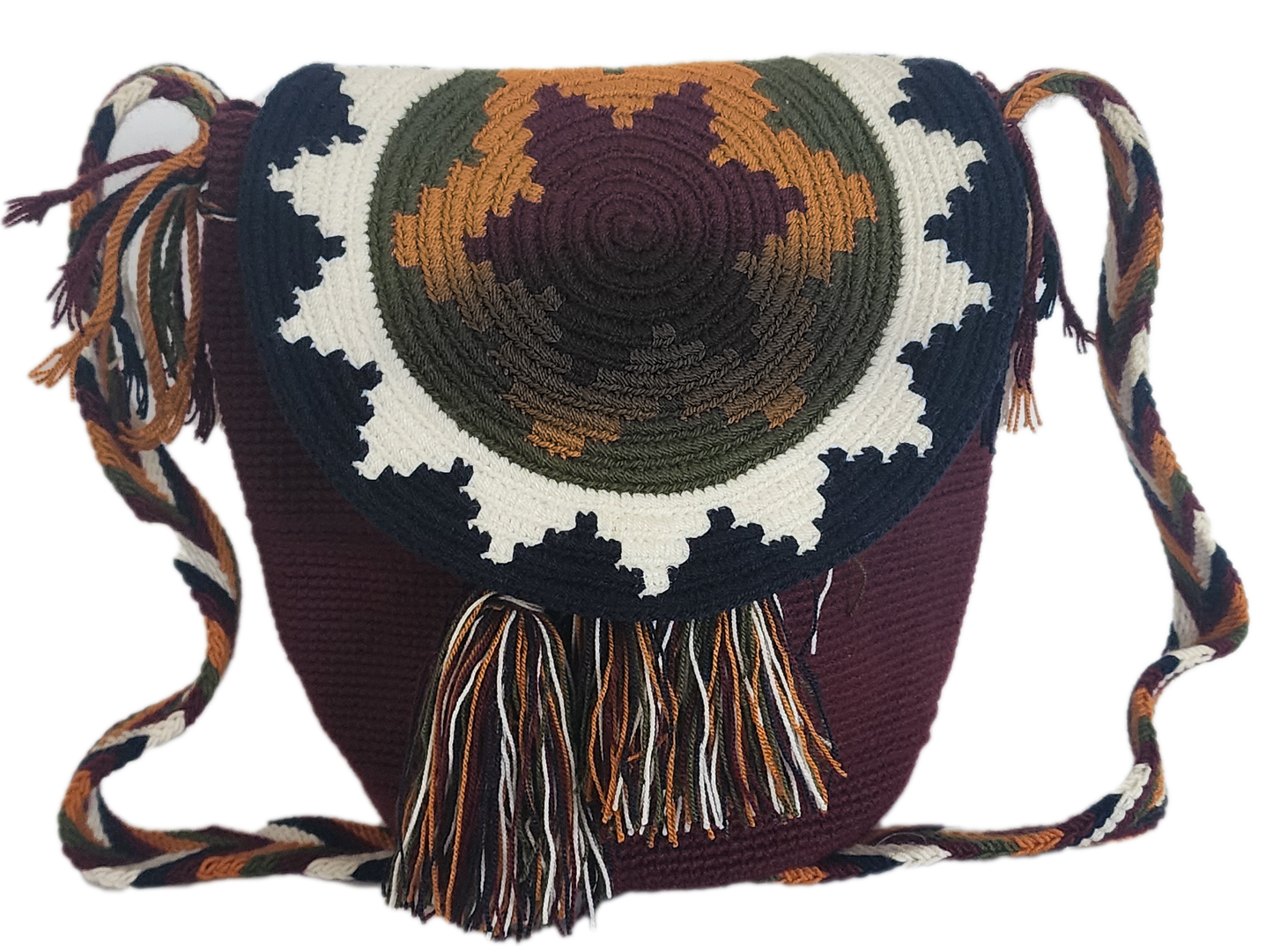 Boho-style Wayuu crossbody flap bag in burgundy and brown hues, featuring a handcrafted sun design and braided strap — perfect for everyday bohemian wear.