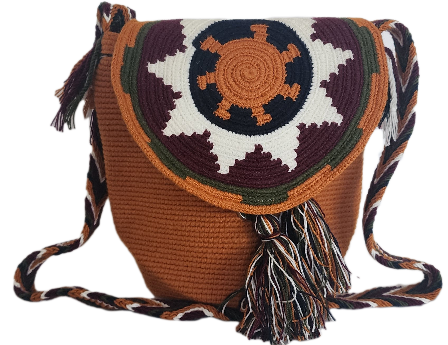 Boho-style Wayuu crossbody bag with bold sunburst motif in white, black, and rust — crochet flap with long tassels and artisan charm.