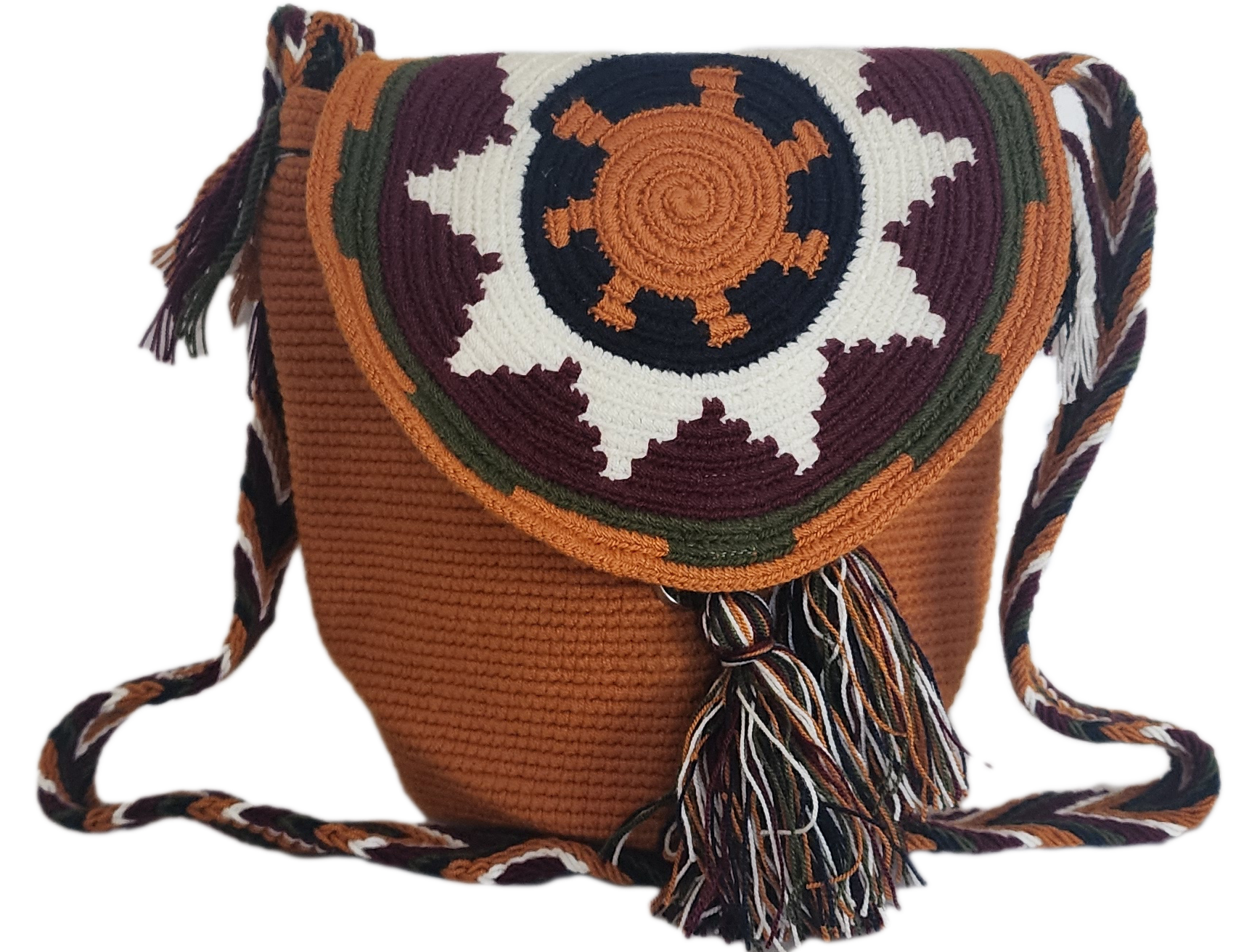 Boho-style Wayuu crossbody bag with bold sunburst motif in white, black, and rust — crochet flap with long tassels and artisan charm.