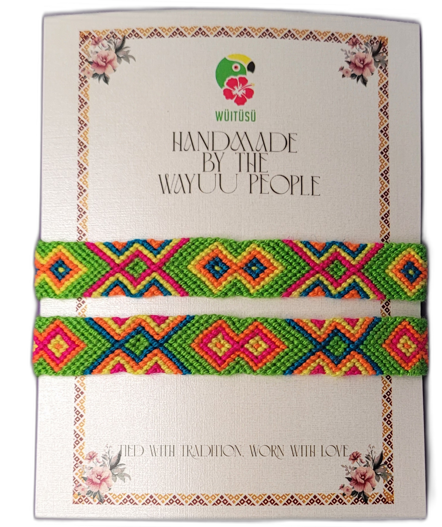 Handmade Wayuu friendship bracelets with bright geometric tribal patterns, artisan-crafted.