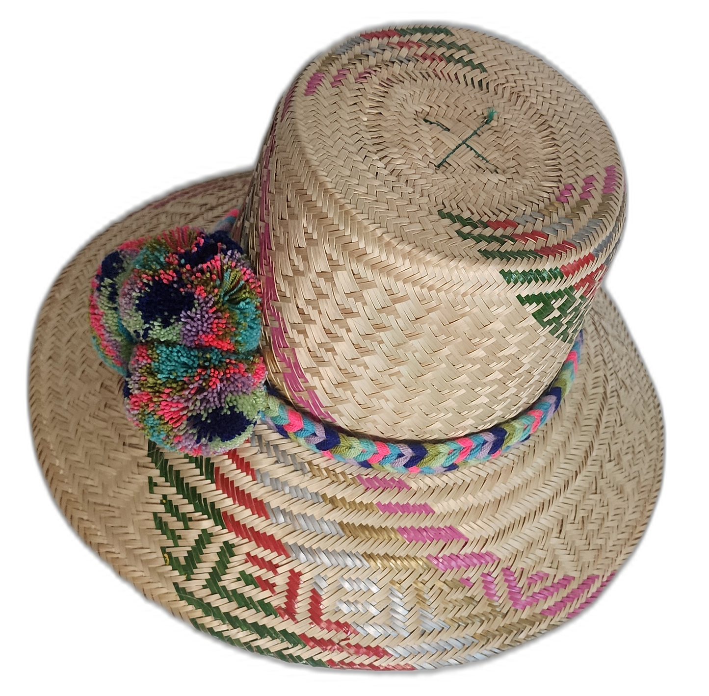 Artisan Wayuu straw hat with an explosion of color — woven by hand and finished with expressive pompoms.